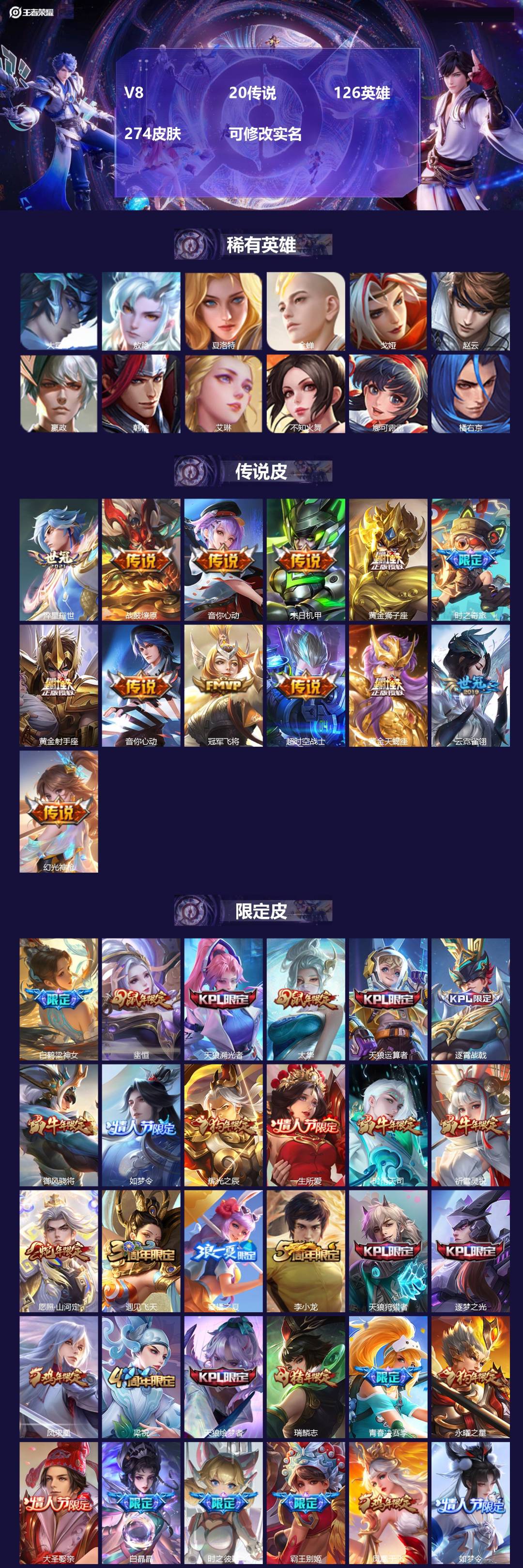 王者荣耀账号安卓VXV8 20传说 126英雄 274皮肤 可修改实名 
【英雄全皮】:司空震全皮,敖隐全皮,空空儿全皮