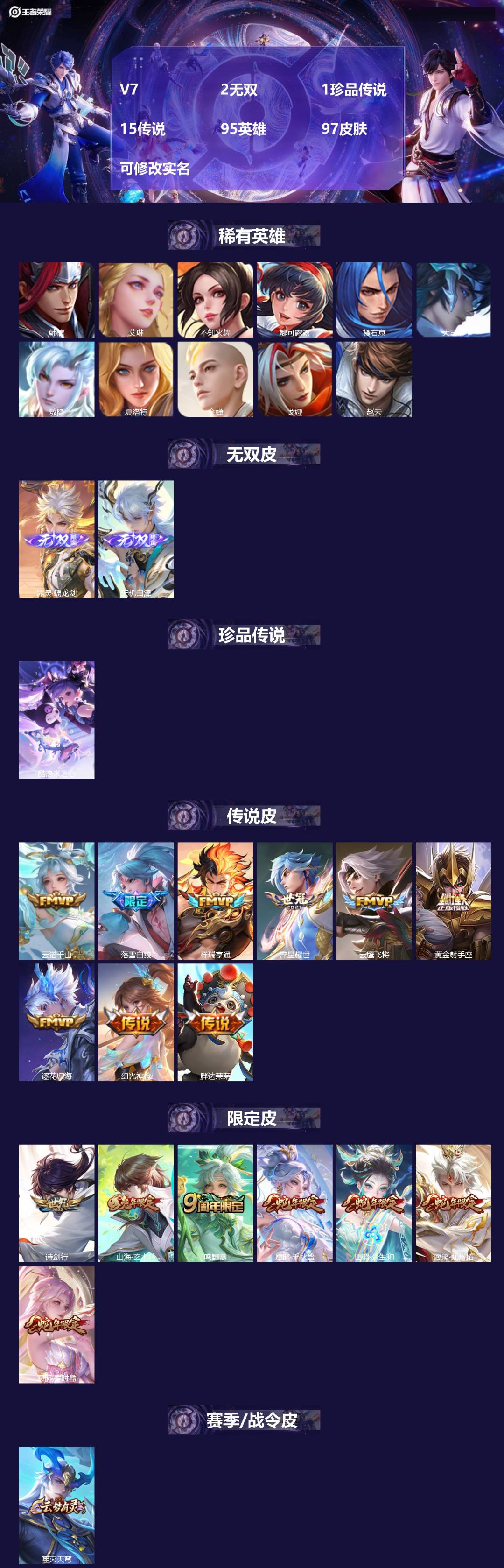 王者荣耀账号安卓QQ95英雄-97皮肤-V7 2无双 1珍品传说 15传说 95英雄 97皮肤 可修改实名 
【稀有英雄