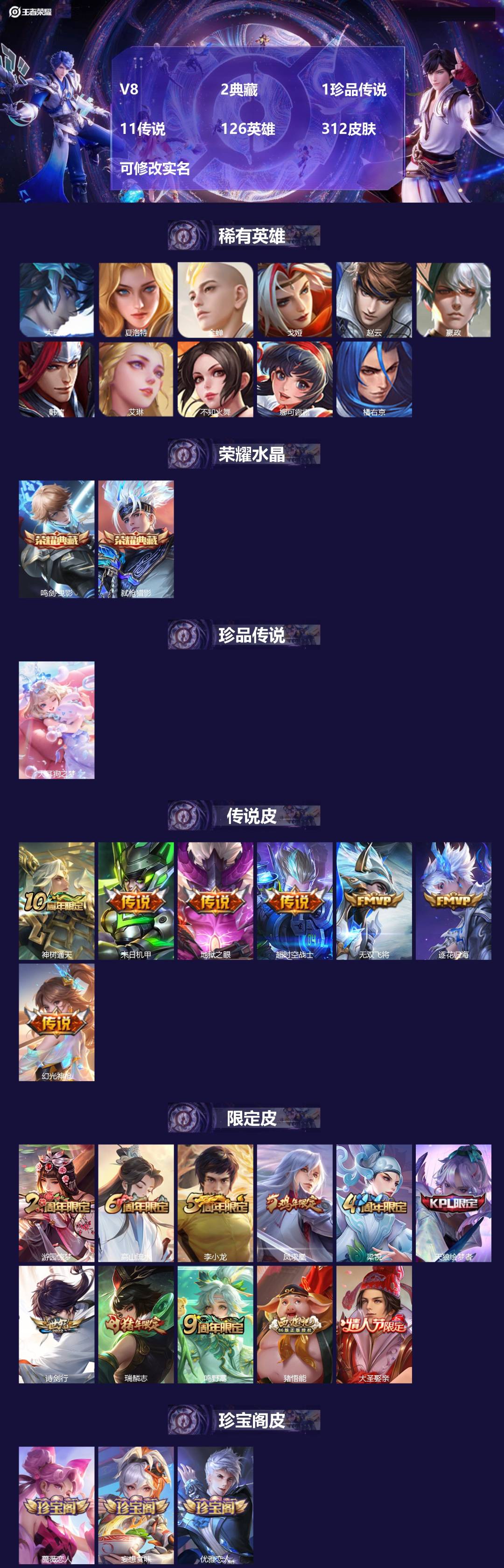 王者荣耀账号安卓QQ126英雄-312皮肤-[]V8 2典藏 1珍品传说 11传说 126英雄 312皮肤 可修改实名 