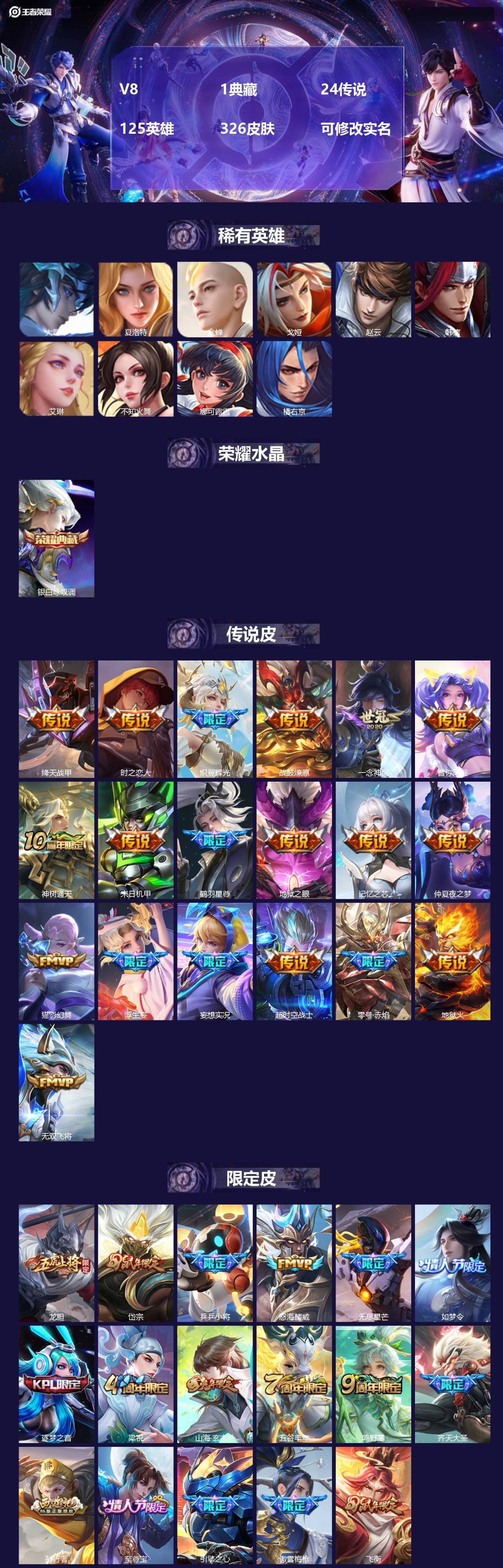 王者荣耀账号安卓QQ[14618154]V8 1典藏 24传说 125英雄 326皮肤 可修改实名 
【英雄全皮】:空空