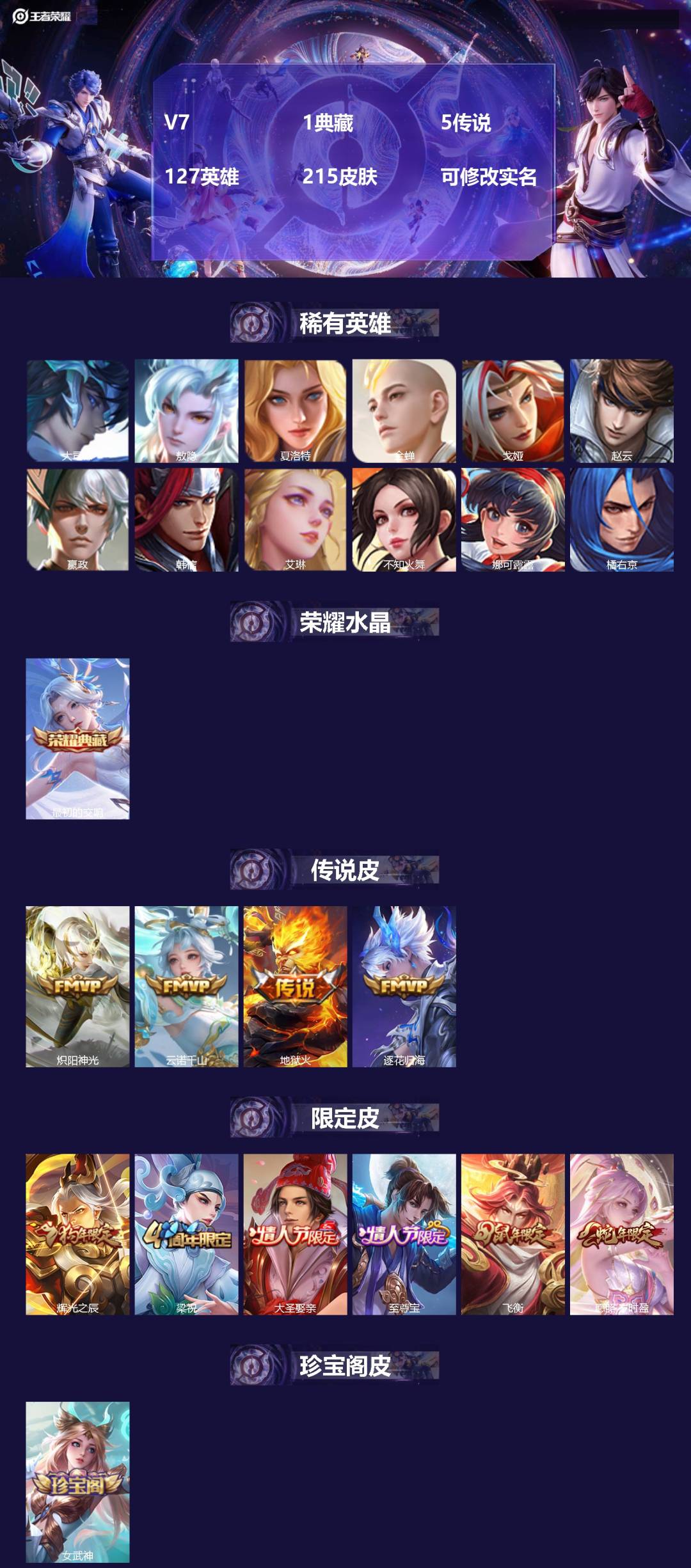 王者荣耀账号苹果QQ127英雄-215皮肤-V7 1典藏 5传说 127英雄 215皮肤 可修改实名 
【英雄全皮】:敖