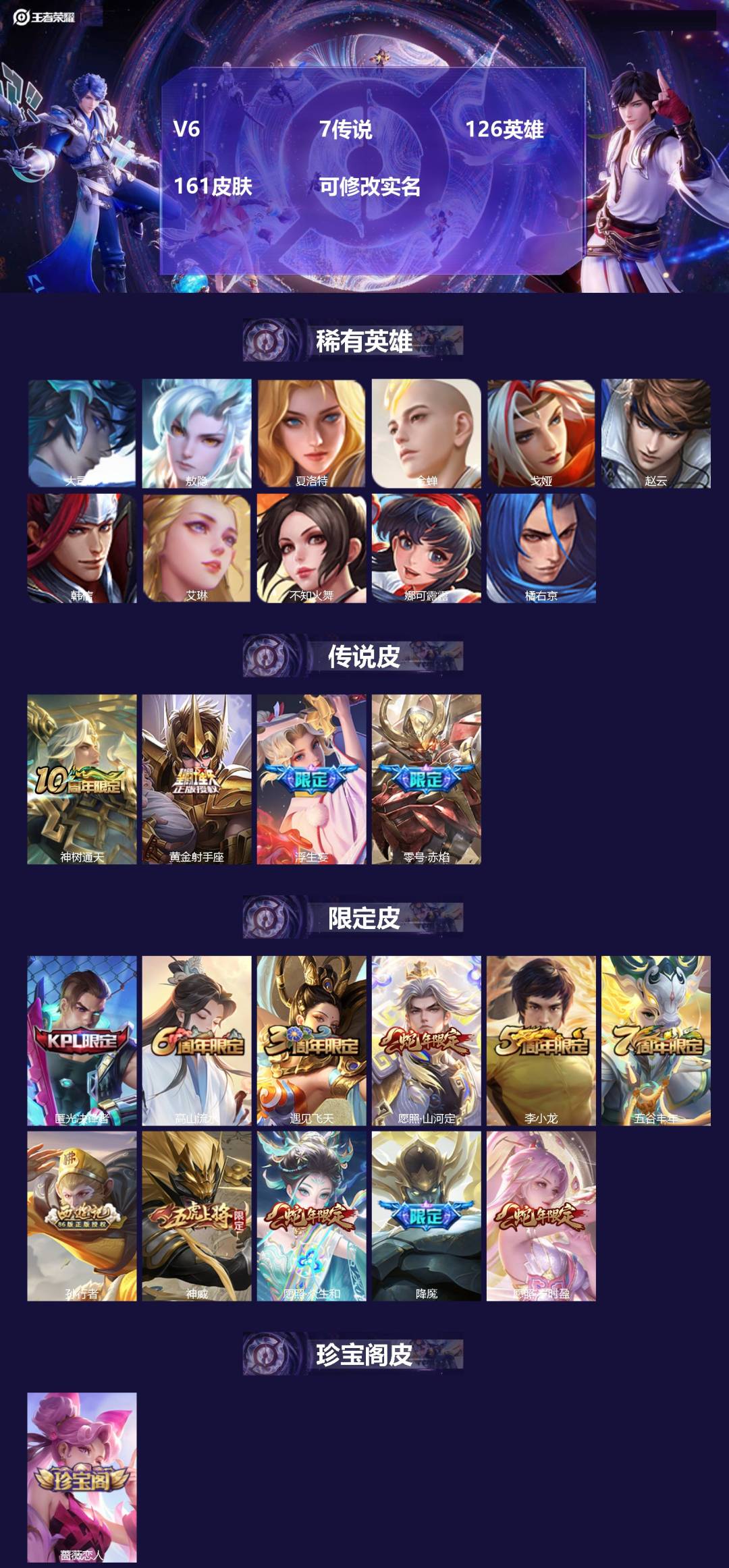 王者荣耀账号苹果QQ126英雄-161皮肤-V6 7传说 126英雄 161皮肤 可修改实名 
【英雄全皮】:敖隐全皮,