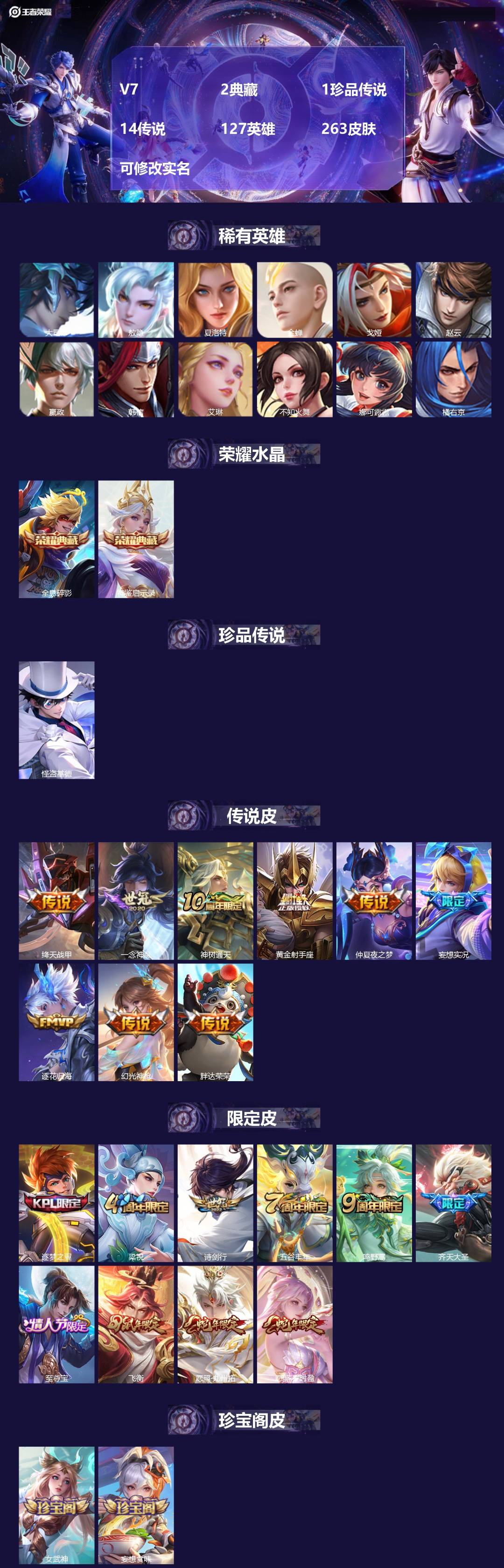 王者荣耀账号安卓QQ127英雄-263皮肤-[]V7 2典藏 1珍品传说 14传说 127英雄 263皮肤 可修改实名
