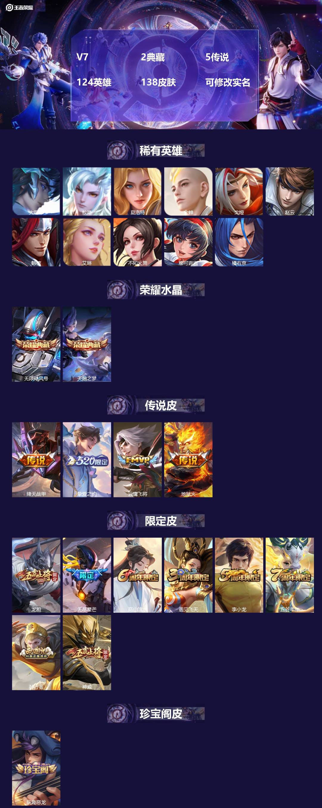 王者荣耀账号安卓QQV7 2典藏 5传说 124英雄 138皮肤 可修改实名 
【英雄全皮】:敖隐全皮
【稀有英雄】:敖