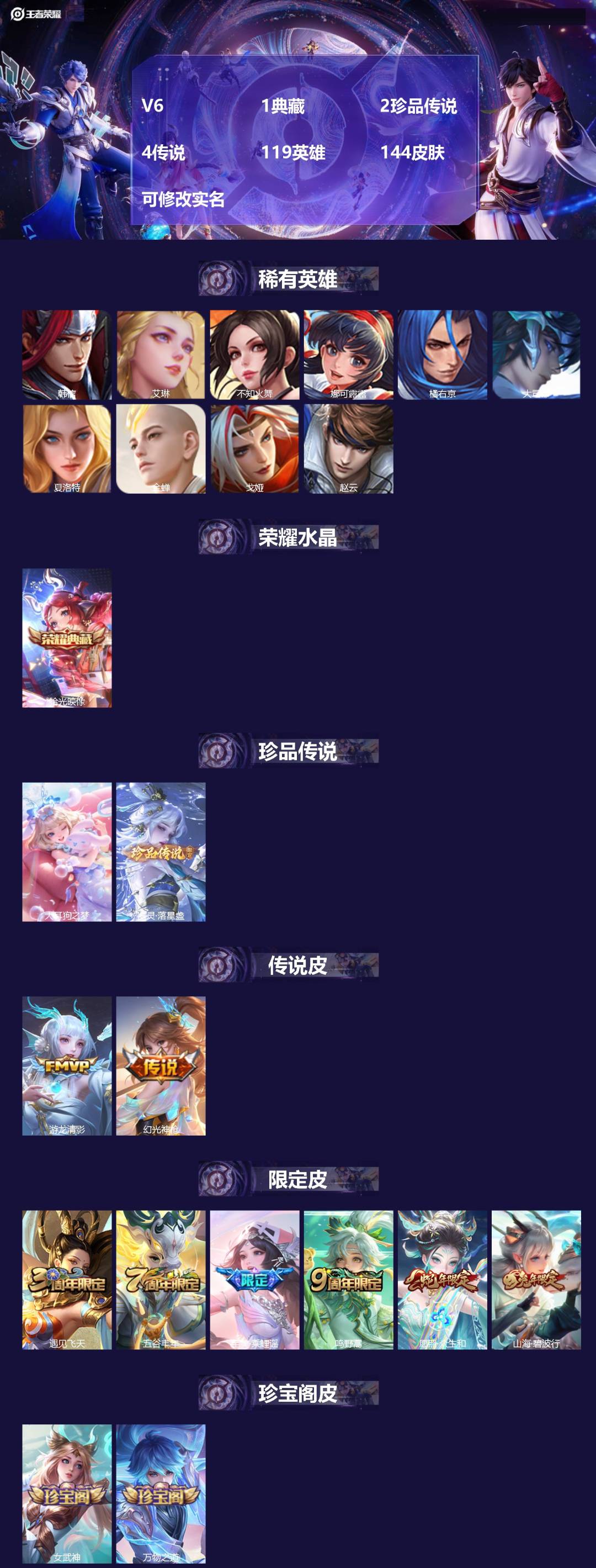 王者荣耀账号安卓QQ119英雄-144皮肤-V6 1典藏 2珍品传说 4传说 119英雄 144皮肤 可修改实名 
【英