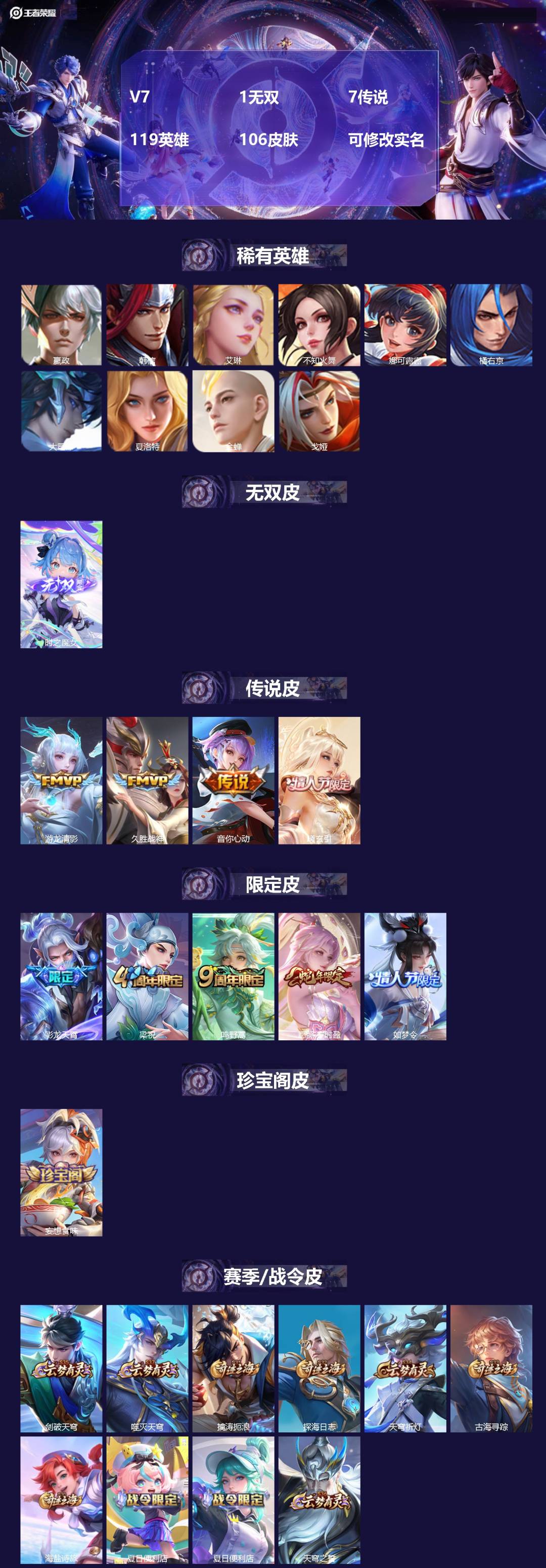 王者荣耀账号安卓QQV7 1无双 7传说 119英雄 106皮肤 可修改实名 
【稀有英雄】:大司命,嬴政(始皇帝),韩