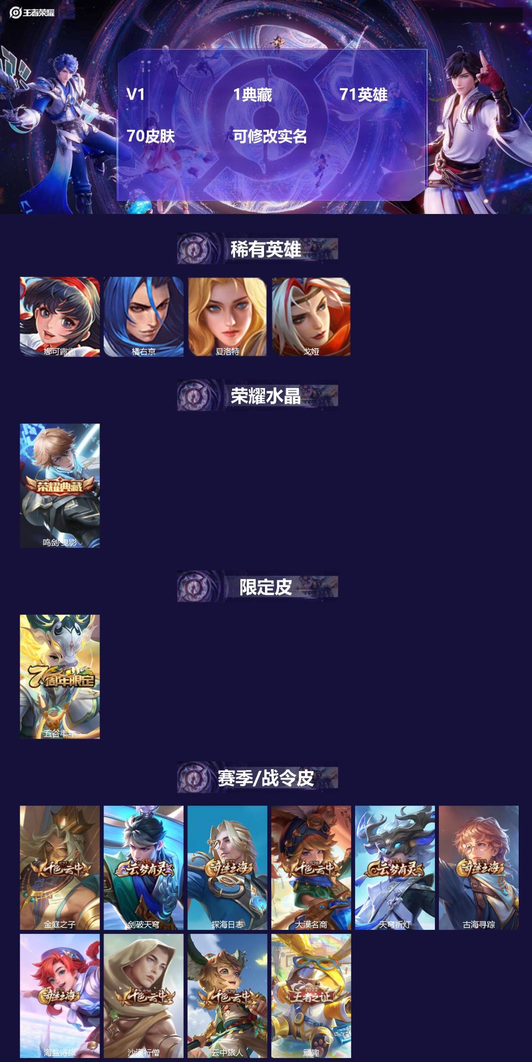王者荣耀账号苹果VX71英雄-70皮肤-V1 1典藏 71英雄 70皮肤 可修改实名 
【稀有英雄】:夏洛特(夏师傅),