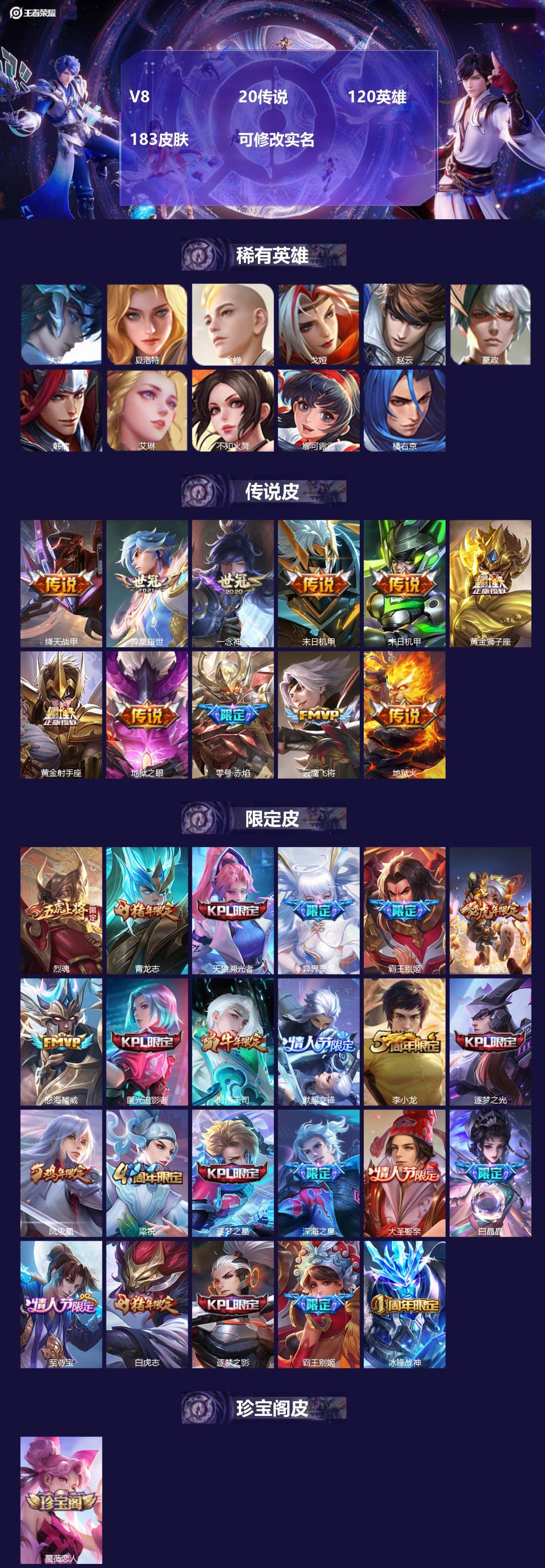 王者荣耀账号安卓QQV8 20传说 120英雄 183皮肤 可修改实名 
【稀有英雄】:大司命,嬴政(始皇帝),韩信(韩
