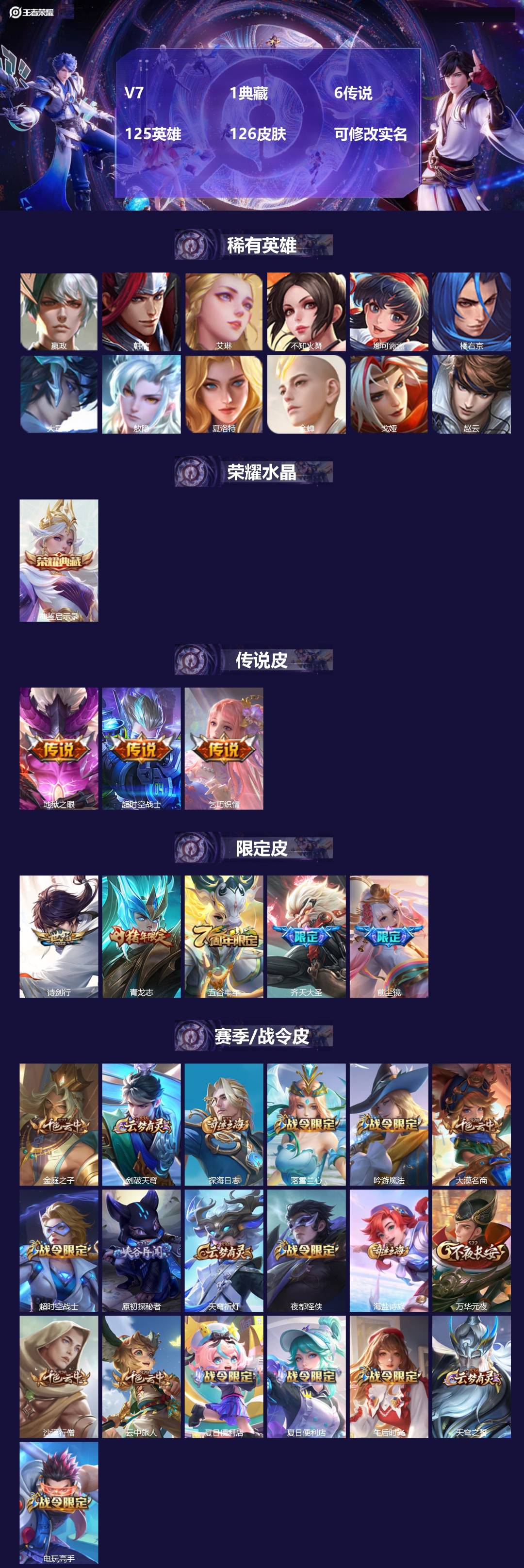 王者荣耀账号安卓QQ125英雄-126皮肤-[]V7 1典藏 6传说 125英雄 126皮肤 可修改实名 
【英雄全皮】