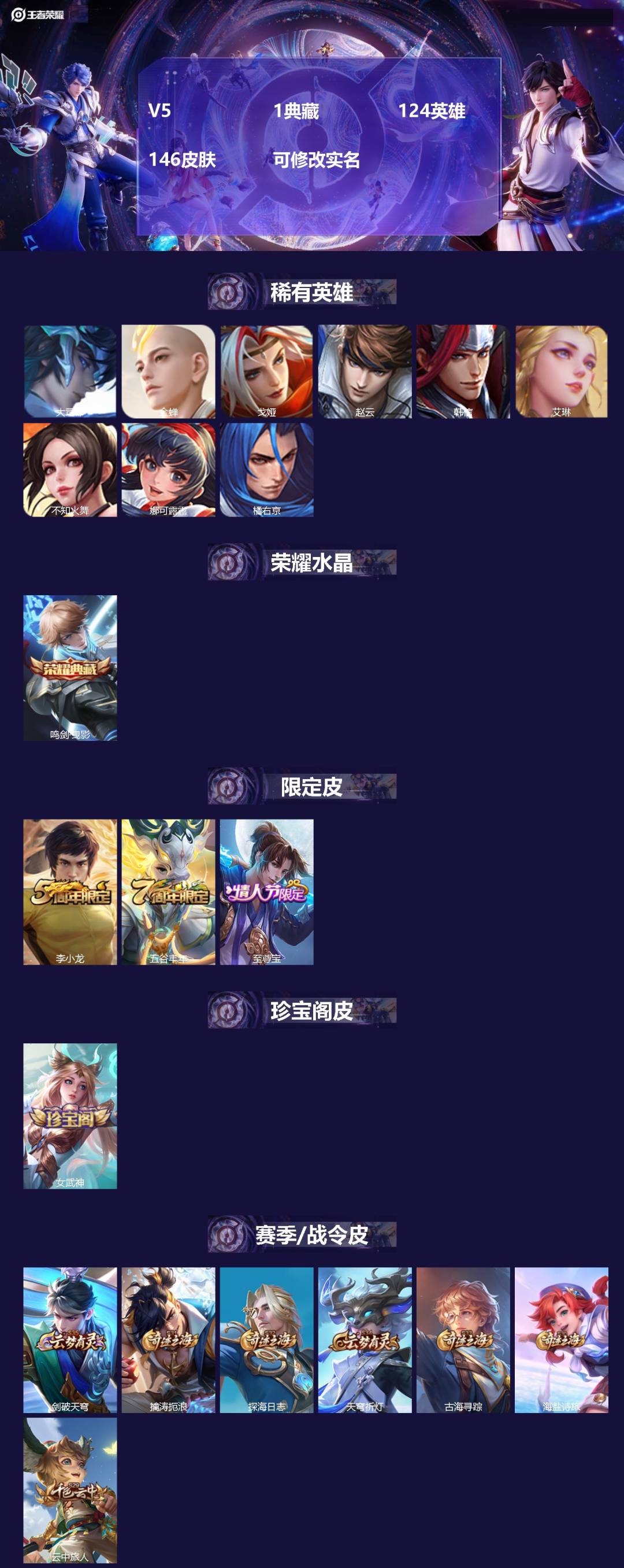 王者荣耀账号苹果VX124英雄-146皮肤-[]V5 1典藏 124英雄 146皮肤 可修改实名 
【英雄全皮】:空空儿