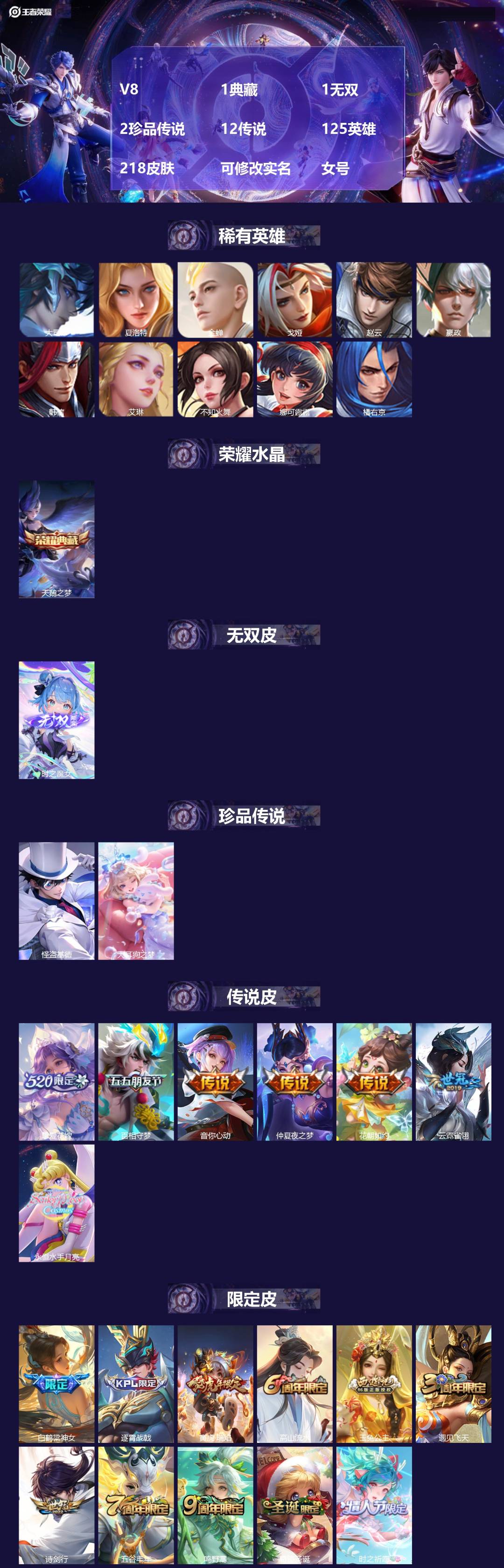 王者荣耀账号安卓QQ[14554002]V8 1典藏 1无双 2珍品传说 12传说 125英雄 218皮肤 可修改实名 