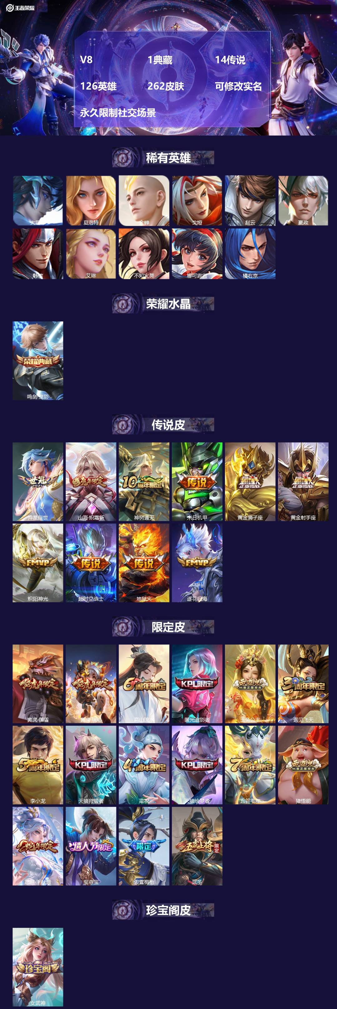王者荣耀账号苹果QQ126英雄-262皮肤-V8 1典藏 14传说 126英雄 262皮肤 可修改实名 永久限制社交场景