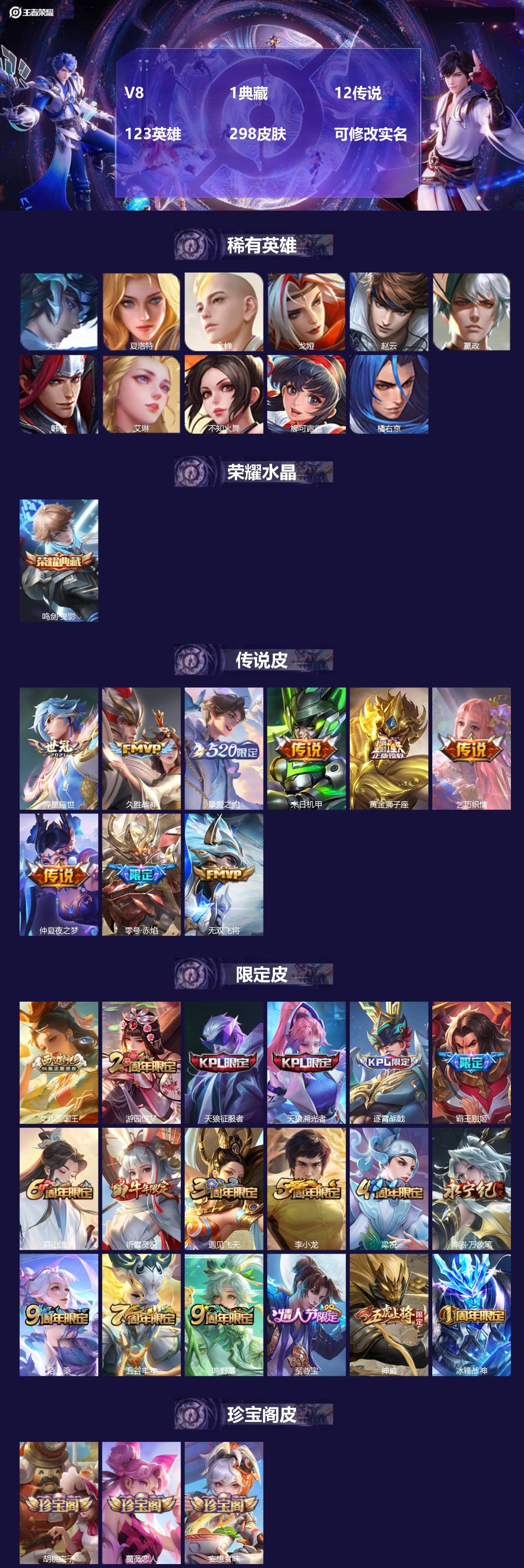 王者荣耀账号苹果QQ123英雄-298皮肤-[]V8 1典藏 12传说 123英雄 298皮肤 可修改实名 
【英雄全皮