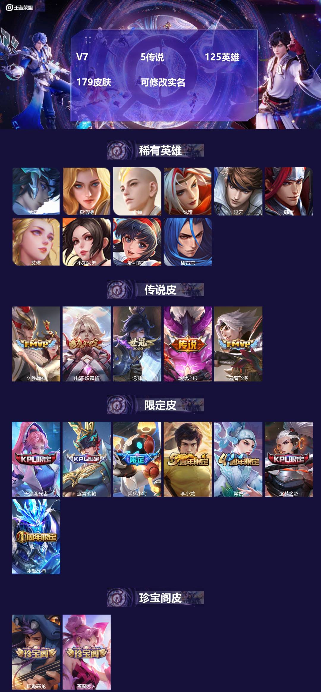 王者荣耀账号安卓QQ125英雄-179皮肤-[]V7 5传说 125英雄 179皮肤 可修改实名 
【英雄全皮】:李信全