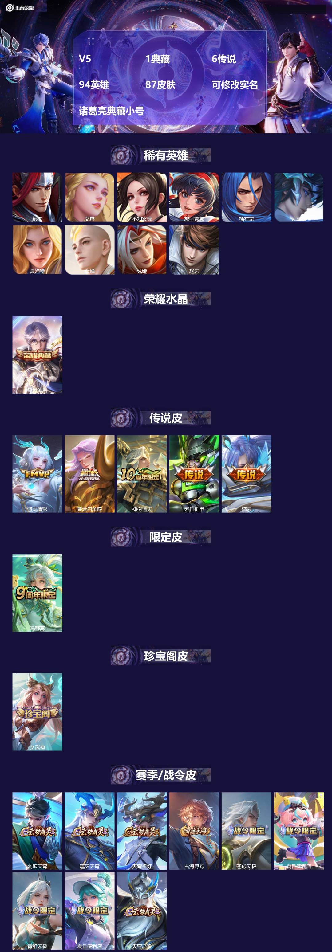 王者荣耀账号安卓QQ94英雄-87皮肤-[]V5 1典藏 6传说 94英雄 87皮肤 可修改实名 诸葛亮典藏小号
【稀有
