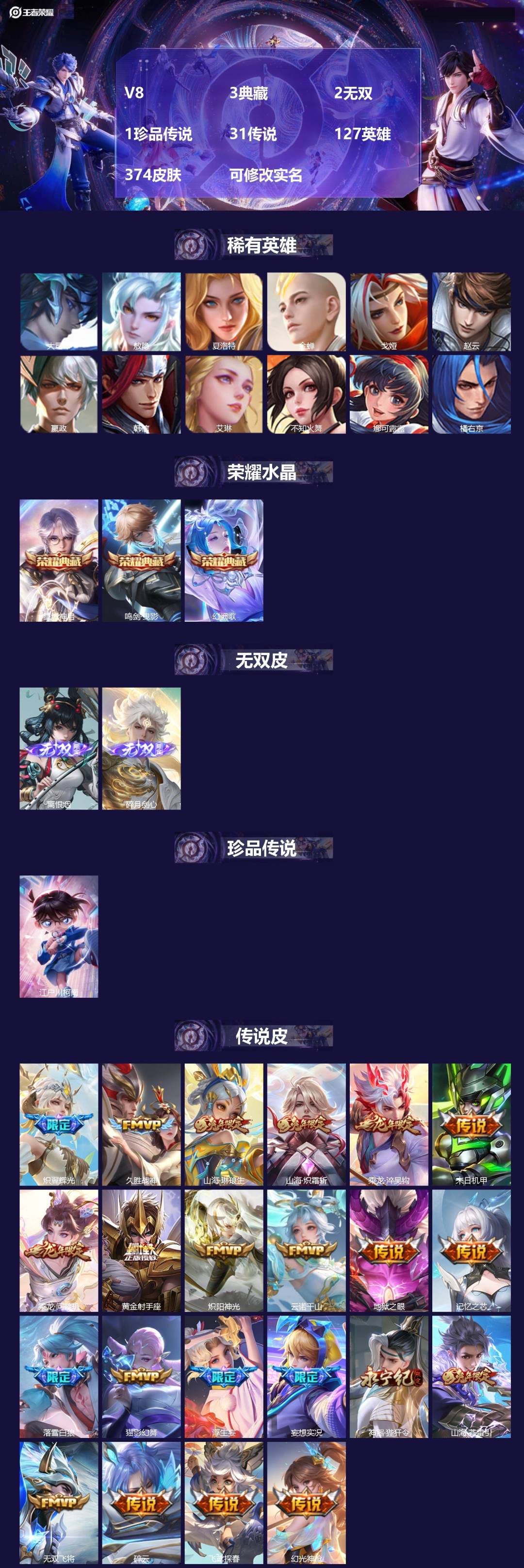 王者荣耀账号安卓QQ127英雄-374皮肤-[]V8 3典藏 2无双 1珍品传说 31传说 127英雄 374皮肤 可修