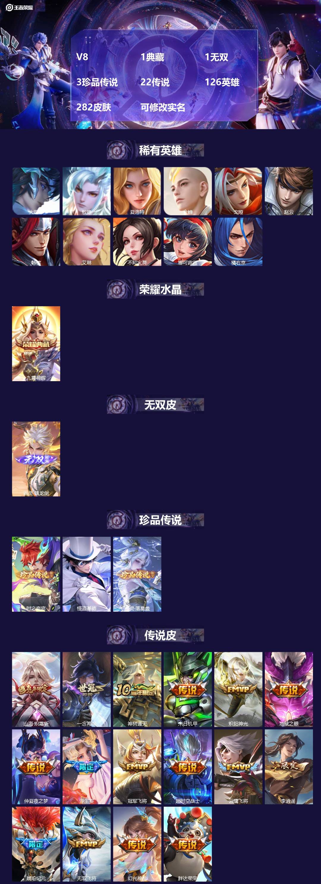 王者荣耀账号安卓QQV8 1典藏 1无双 3珍品传说 22传说 126英雄 282皮肤 可修改实名 
【英雄全皮】:马超