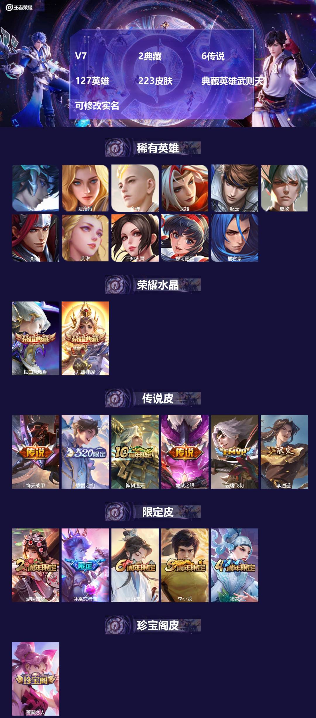 王者荣耀账号安卓QQ127英雄-223皮肤-[]V7 2典藏 6传说 127英雄 223皮肤 典藏英雄武则天 可修改实名