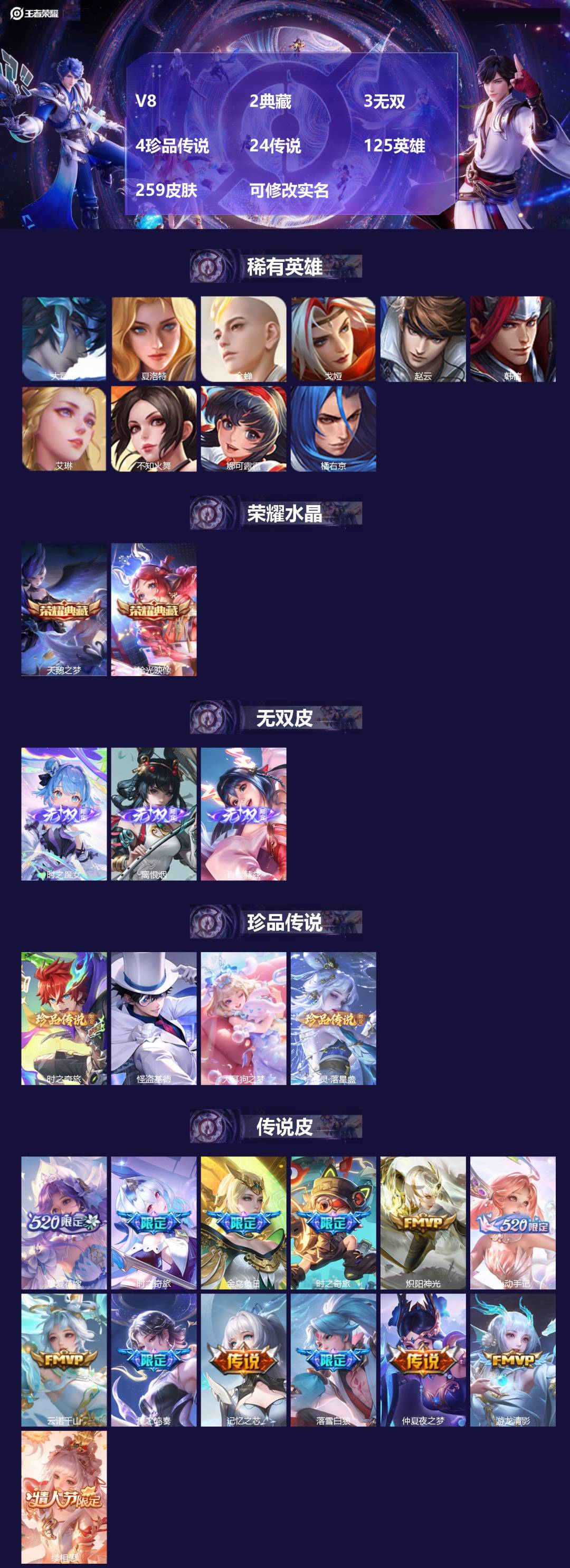 王者荣耀账号安卓QQV8 2典藏 3无双 4珍品传说 24传说 125英雄 259皮肤 可修改实名 
【英雄全皮】:朵莉