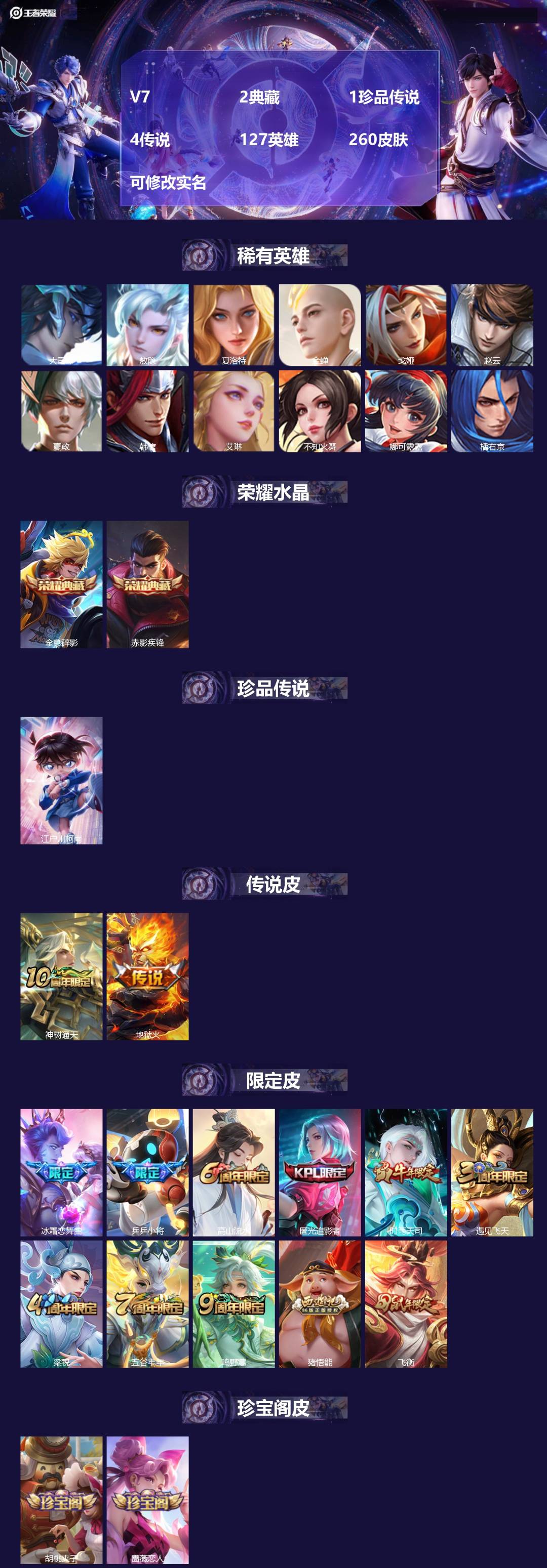 王者荣耀账号安卓QQV7 2典藏 1珍品传说 4传说 127英雄 260皮肤 可修改实名 
【英雄全皮】:敖隐全皮
【稀