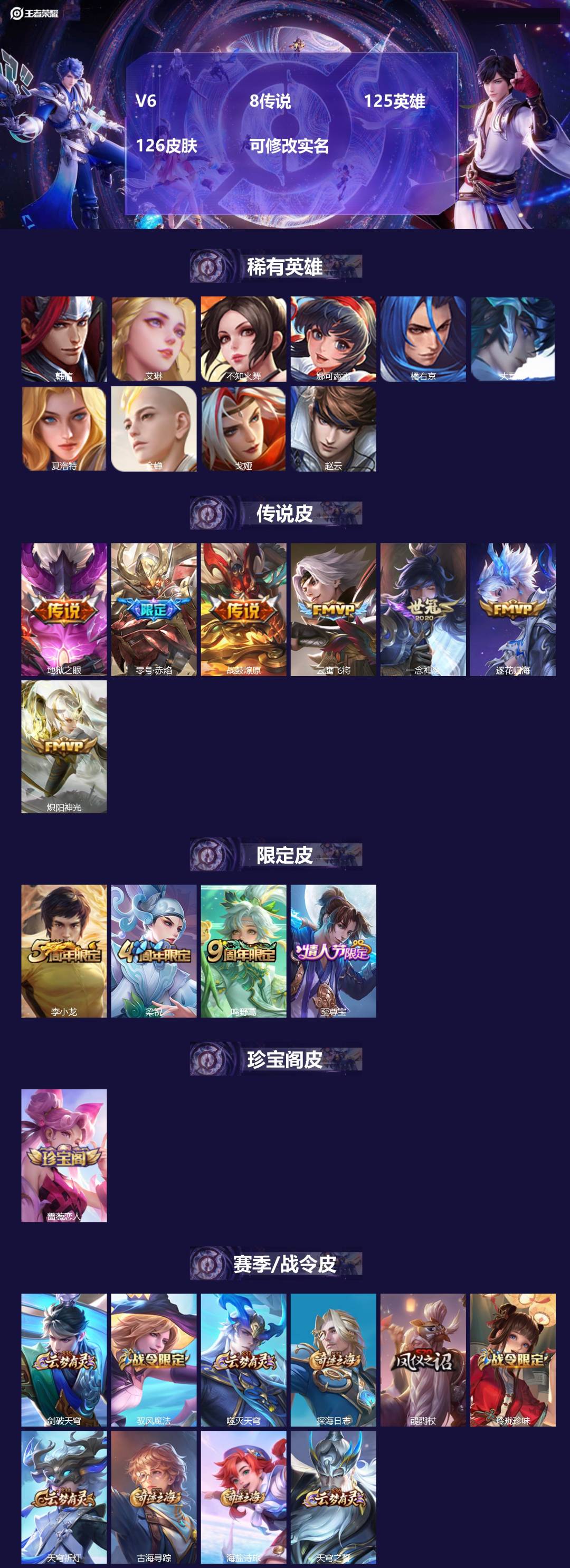 王者荣耀账号安卓QQV6 8传说 125英雄 126皮肤 可修改实名 
【稀有英雄】:大司命,韩信(韩跳跳),夏洛特(夏