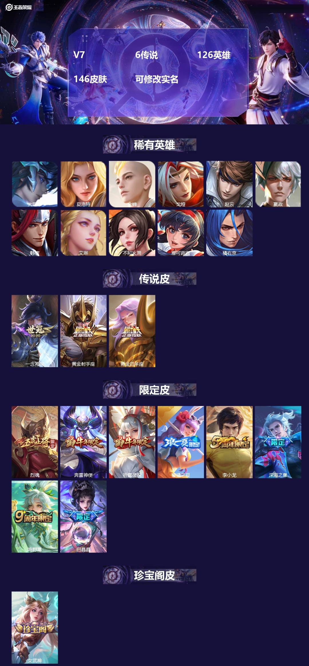 王者荣耀账号安卓QQ126英雄-146皮肤-V7 6传说 126英雄 146皮肤 可修改实名 
【稀有英雄】:大司命,嬴