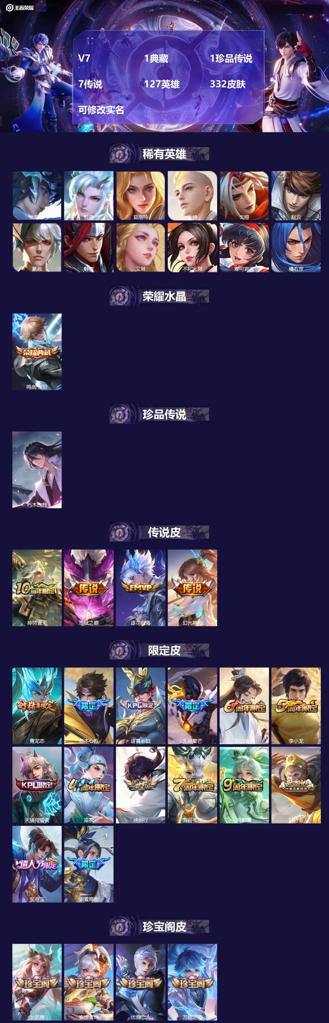 王者荣耀账号安卓QQ127英雄-332皮肤-V7 1典藏 1珍品传说 7传说 127英雄 332皮肤 可修改实名 
【英