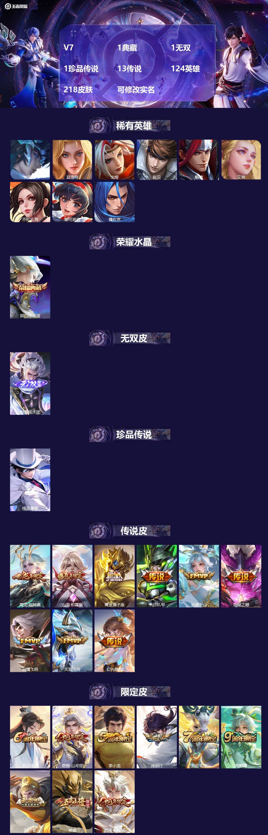 王者荣耀账号安卓QQ124英雄-218皮肤-[]V7 1典藏 1无双 1珍品传说 13传说 124英雄 218皮肤 可修