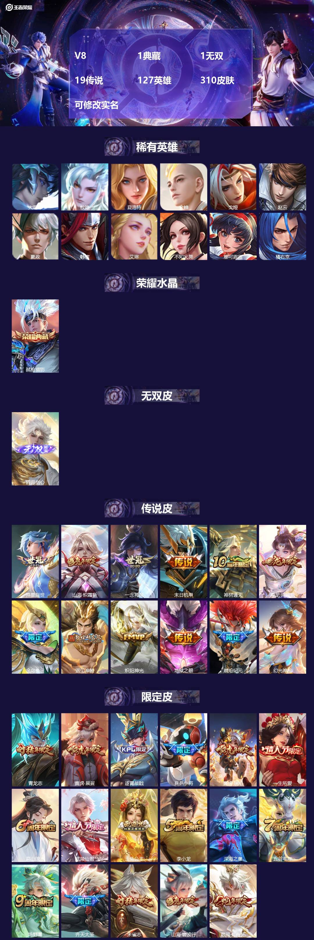 王者荣耀账号安卓QQV8 1典藏 1无双 19传说 127英雄 310皮肤 可修改实名 
【英雄全皮】:李信全皮,敖隐全