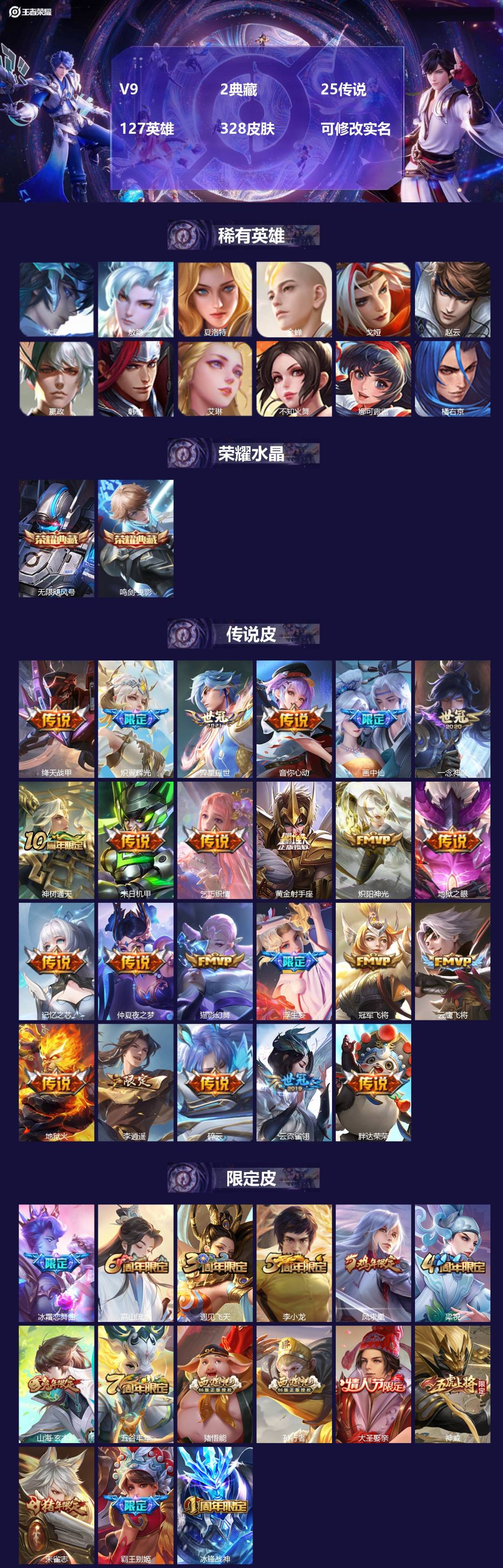 王者荣耀账号安卓QQV9 2典藏 25传说 127英雄 328皮肤 可修改实名 
【英雄全皮】:敖隐全皮,蚩奼全皮,夏洛
