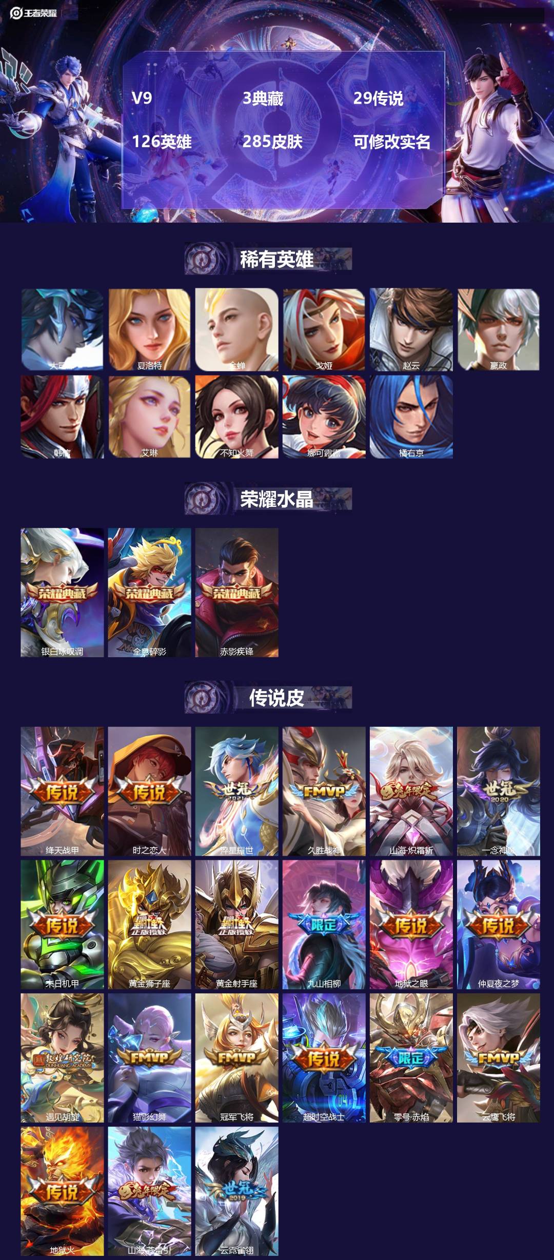 王者荣耀账号苹果QQ126英雄-285皮肤-V9 3典藏 29传说 126英雄 285皮肤 可修改实名 
【英雄全皮】: