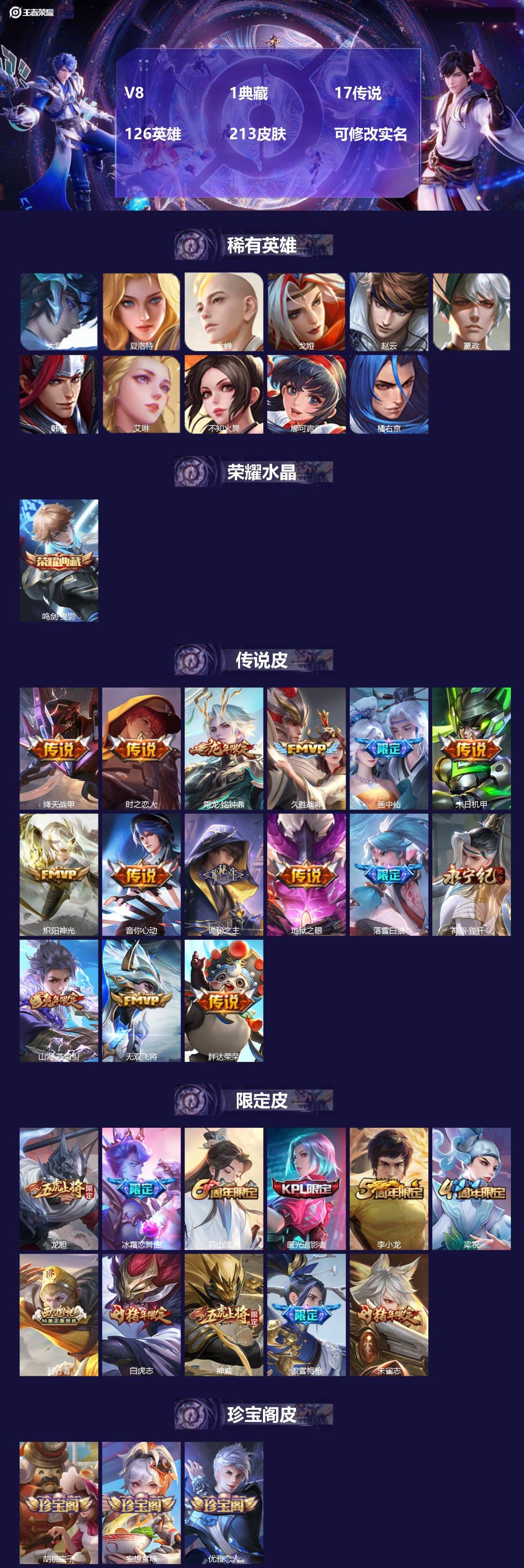 王者荣耀账号苹果QQ126英雄-213皮肤-V8 1典藏 17传说 126英雄 213皮肤 可修改实名 
【英雄全皮】: