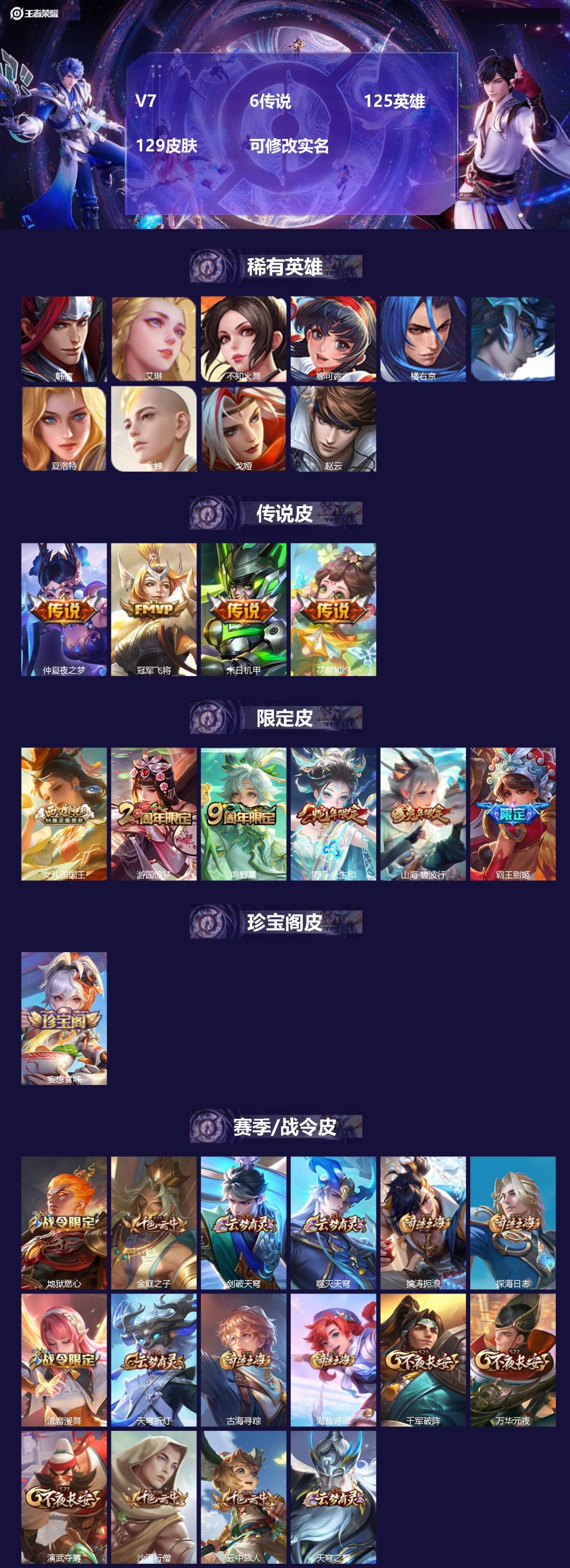 王者荣耀账号安卓QQ125英雄-129皮肤-V7 6传说 125英雄 129皮肤 可修改实名 
【稀有英雄】:大司命,韩