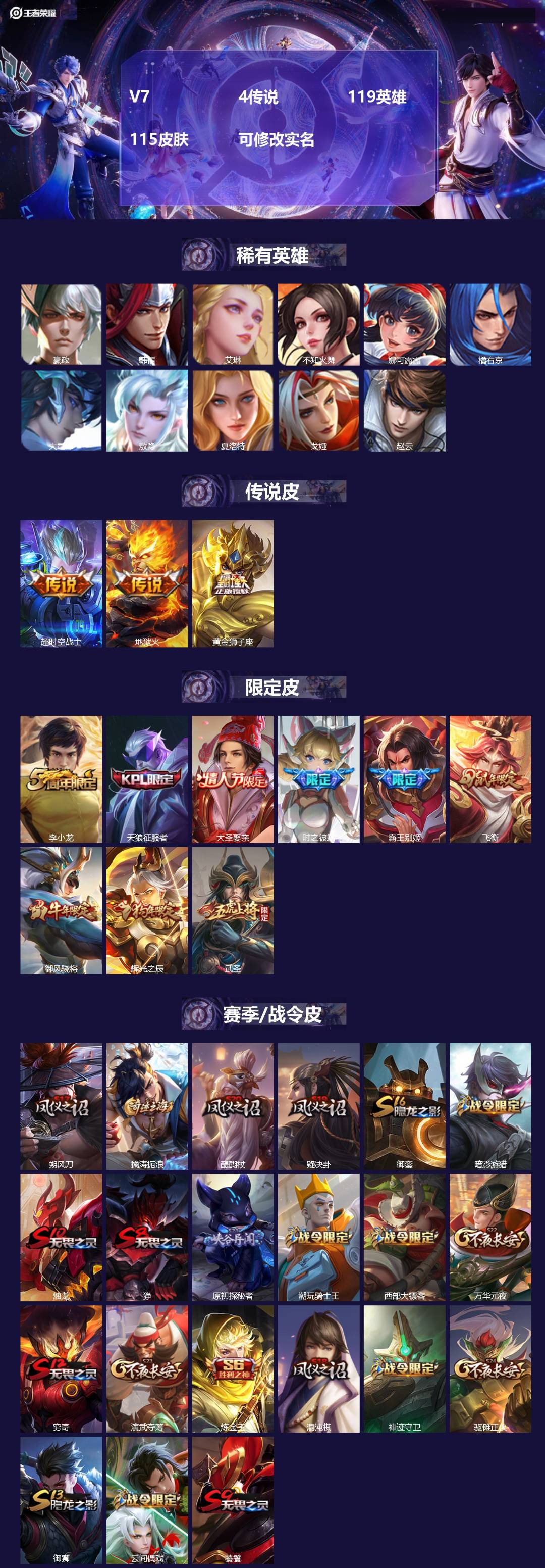 王者荣耀账号安卓VX119英雄-115皮肤-[]V7 4传说 119英雄 115皮肤 可修改实名 
【英雄全皮】:敖隐全