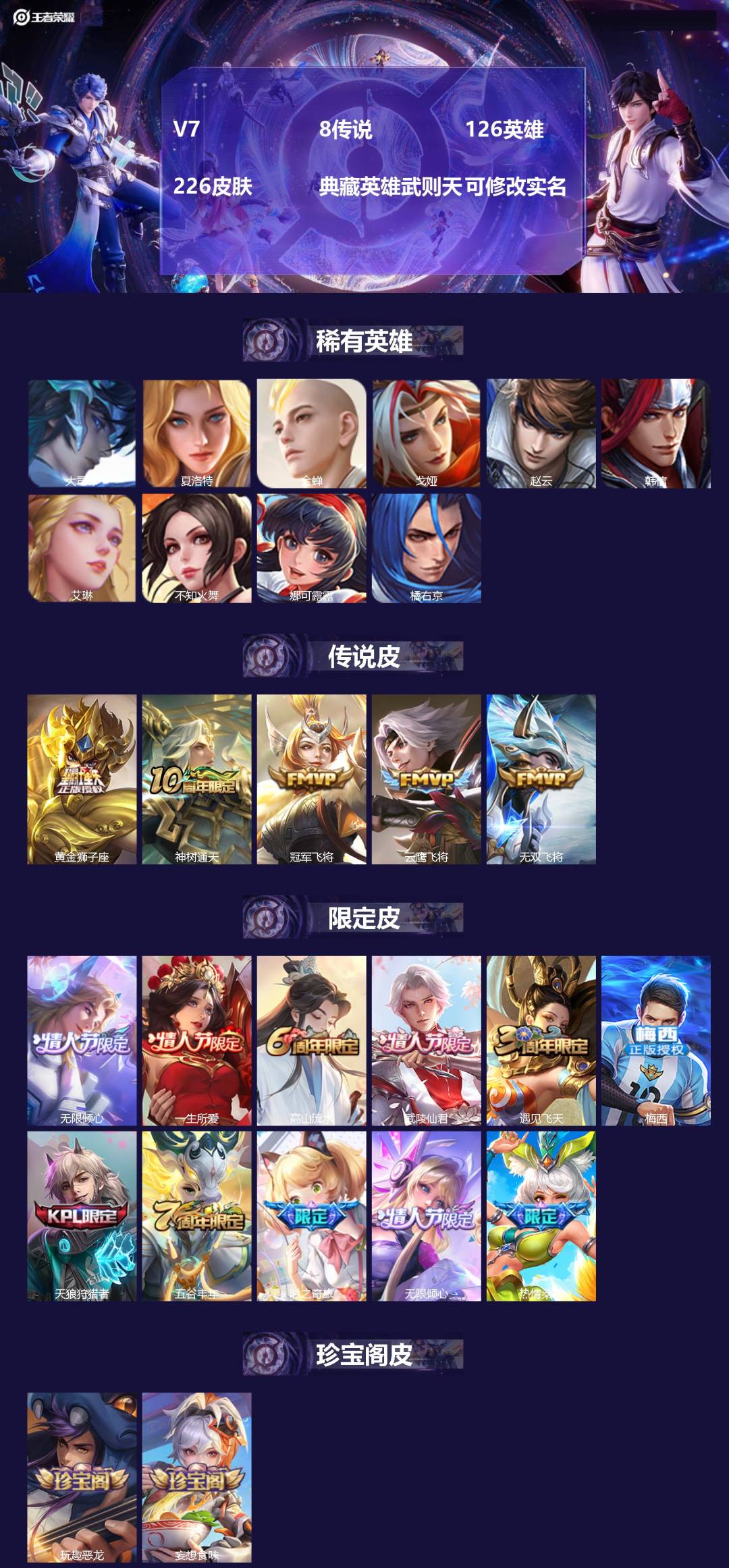 王者荣耀账号安卓QQV7 8传说 126英雄 226皮肤 典藏英雄武则天 可修改实名 
【稀有英雄】:大司命,韩信(韩跳