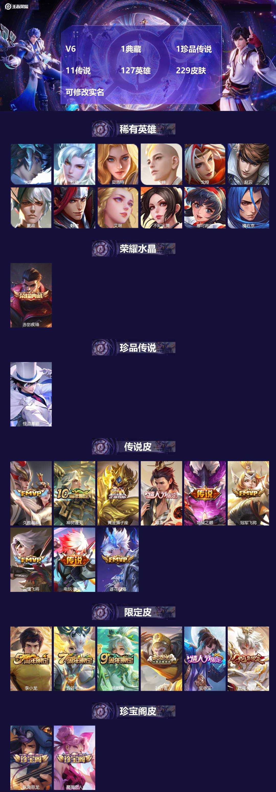 王者荣耀账号安卓QQV6 1典藏 1珍品传说 11传说 127英雄 229皮肤 可修改实名 
【英雄全皮】:蒙恬全皮,敖