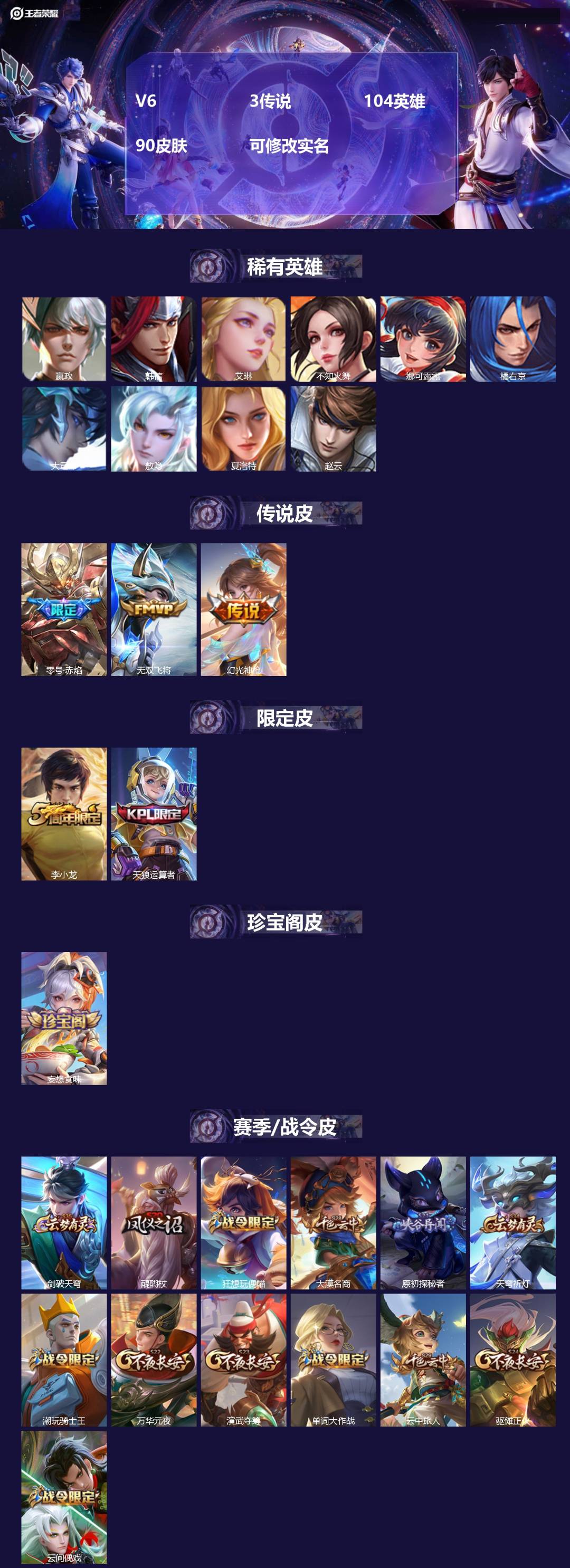 王者荣耀账号苹果QQ104英雄-90皮肤-[]V6 3传说 104英雄 90皮肤 可修改实名 
【英雄全皮】:敖隐全皮
