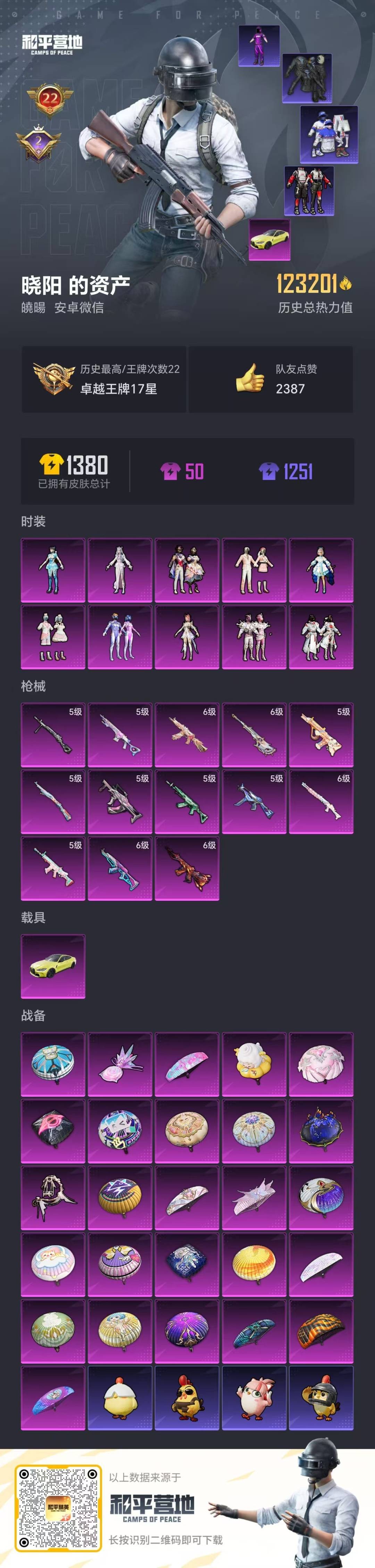 和平精英账号安卓微信1载具-279套装-334枪皮-[]10粉装 13特效枪 1载具 22印记 可二次 可修改实名 
【