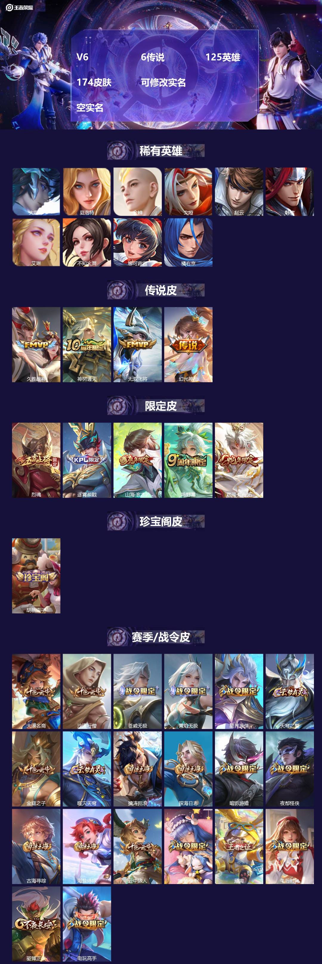 王者荣耀账号苹果VXV6 6传说 125英雄 174皮肤 可修改实名  空实名
【英雄全皮】:影全皮
【稀有英雄】:大司