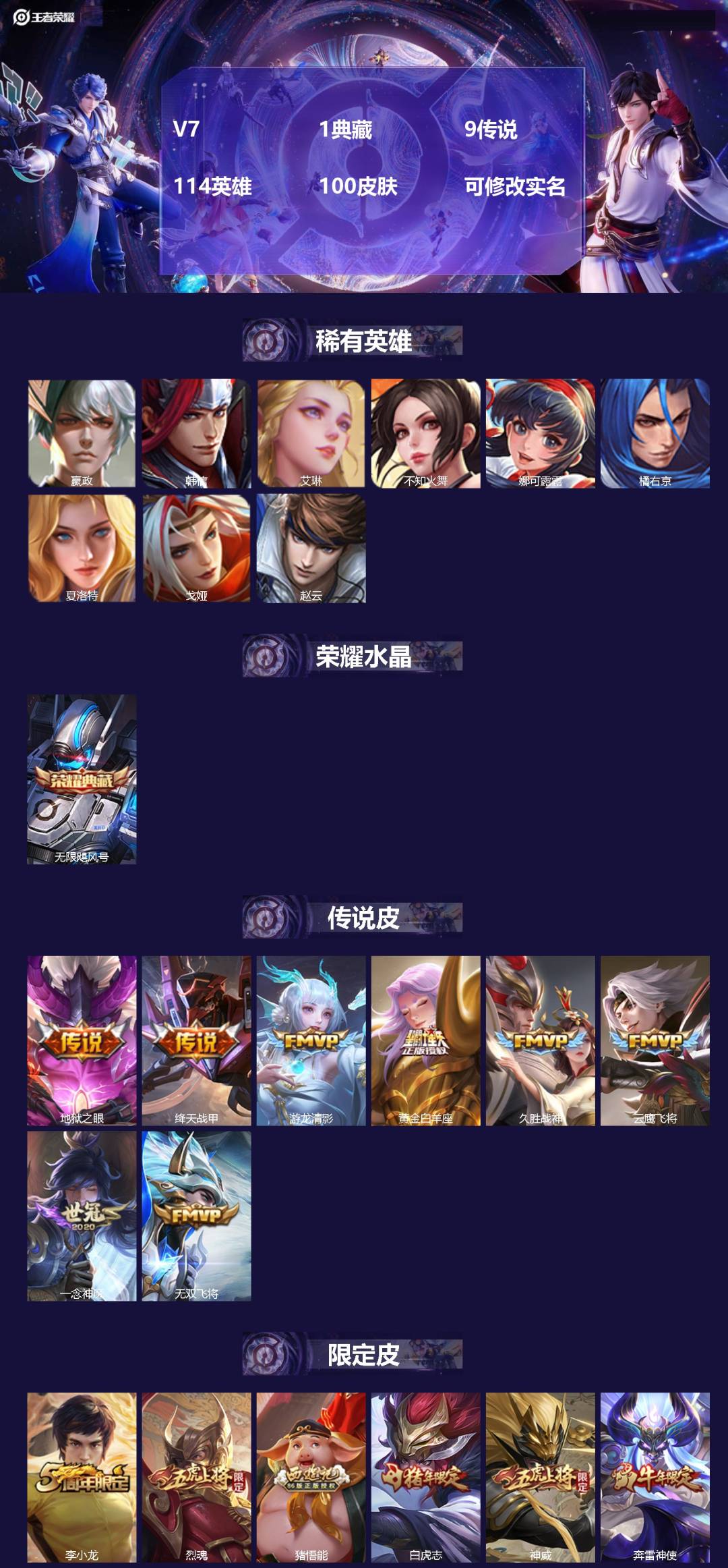 王者荣耀账号安卓QQ114英雄-100皮肤-V7 1典藏 9传说 114英雄 100皮肤 可修改实名 
【稀有英雄】:嬴