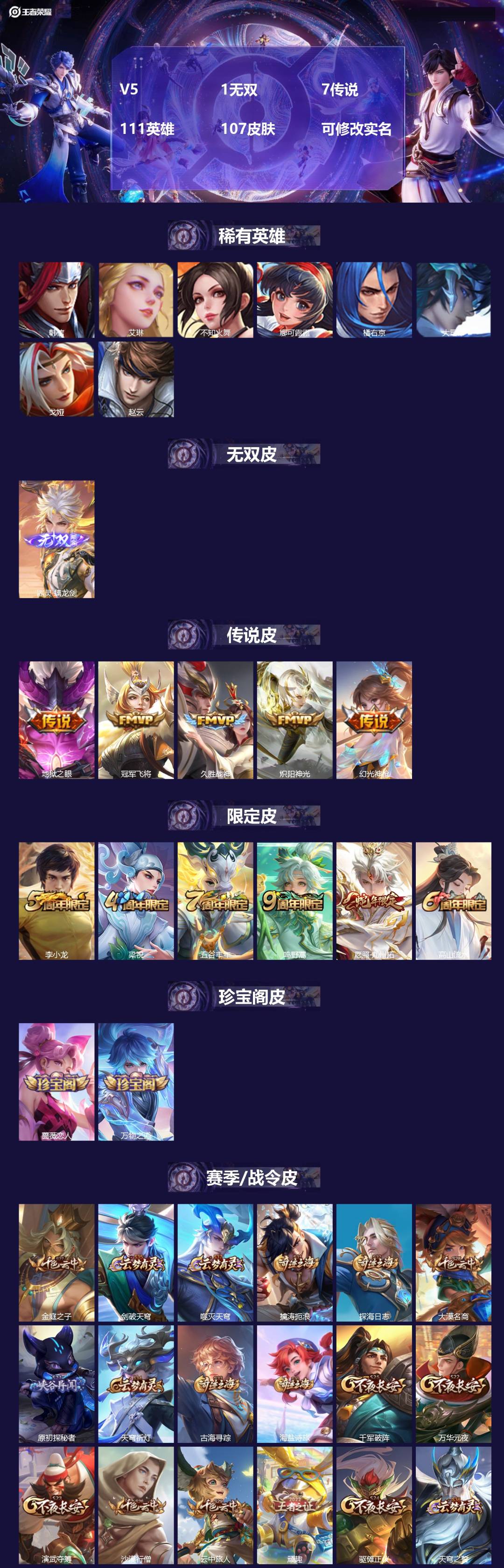 王者荣耀账号安卓QQ111英雄-107皮肤-[]V5 1无双 7传说 111英雄 107皮肤 可修改实名 
【稀有英雄】