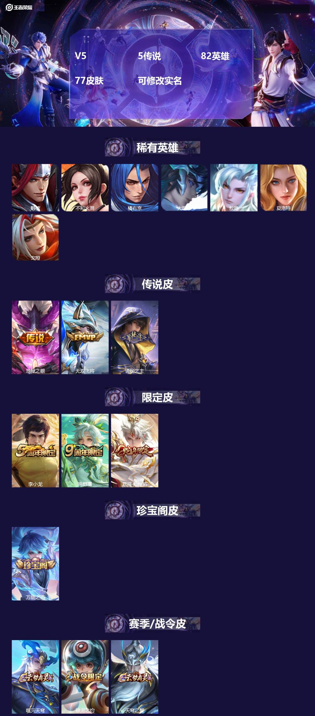 王者荣耀账号苹果QQ82英雄-77皮肤-V5 5传说 82英雄 77皮肤 可修改实名 
【英雄全皮】:敖隐全皮
【稀有英