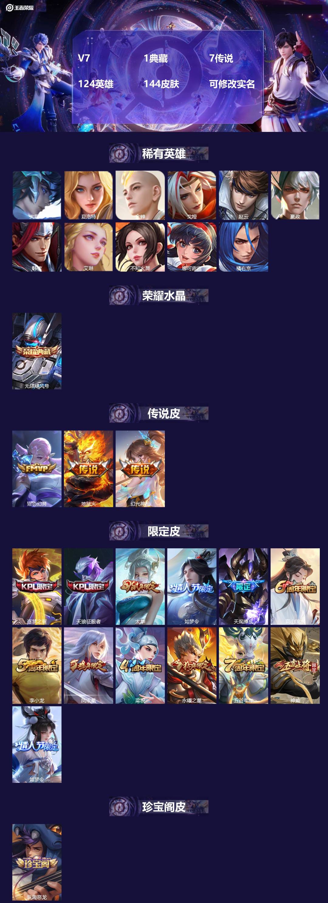 王者荣耀账号安卓QQ124英雄-144皮肤-V7 1典藏 7传说 124英雄 144皮肤 可修改实名 
【稀有英雄】:大