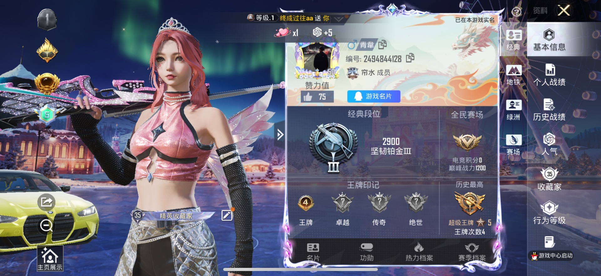 和平精英账号苹果QQ2载具-43套装-78枪皮-[]1粉装 1特效枪 2载具 4印记 可二次 可修改实名 
【热门装扮】