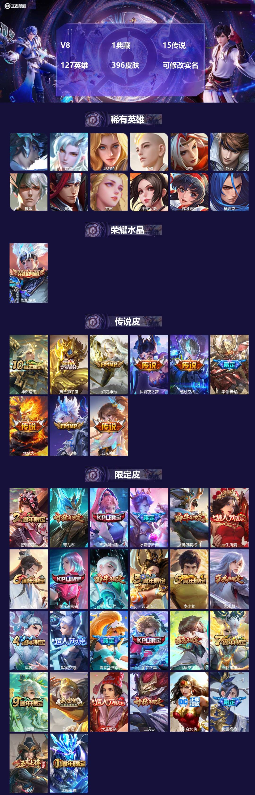 王者荣耀账号苹果QQ[14811103]V8 1典藏 15传说 127英雄 396皮肤 可修改实名 
【英雄全皮】:蒙恬