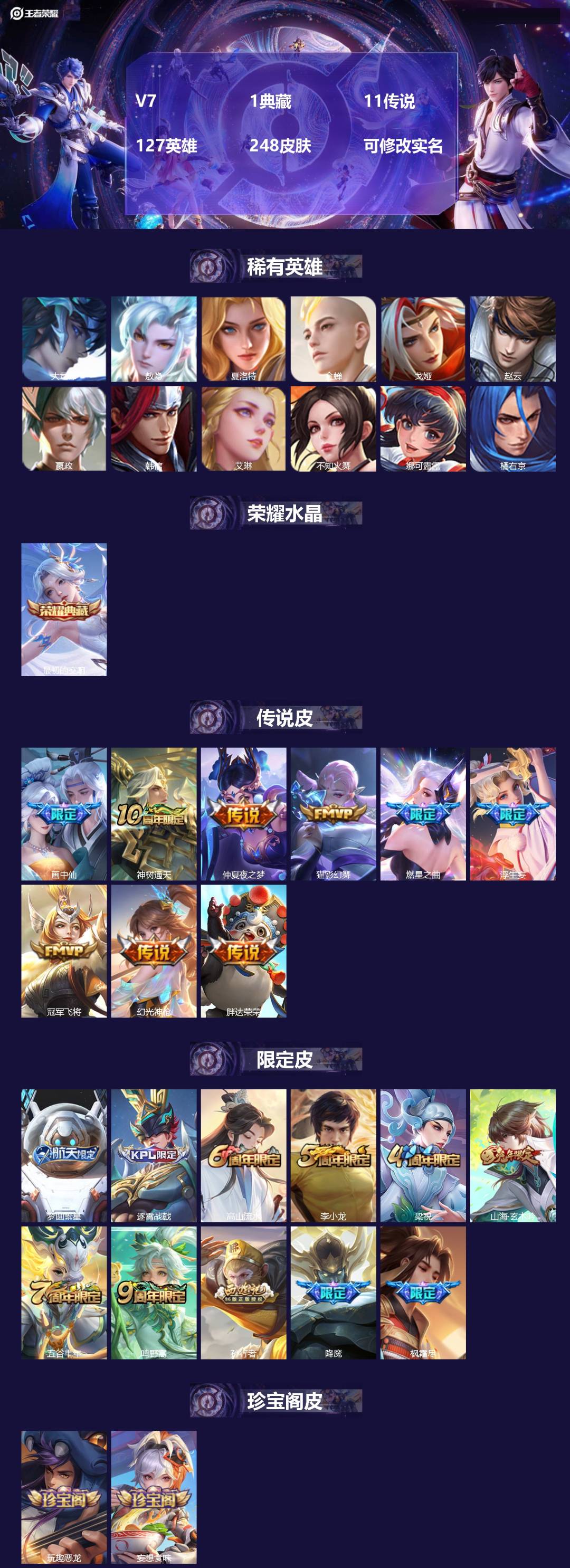 王者荣耀账号安卓QQV7 1典藏 11传说 127英雄 248皮肤 可修改实名 
【英雄全皮】:敖隐全皮,影全皮
【稀有