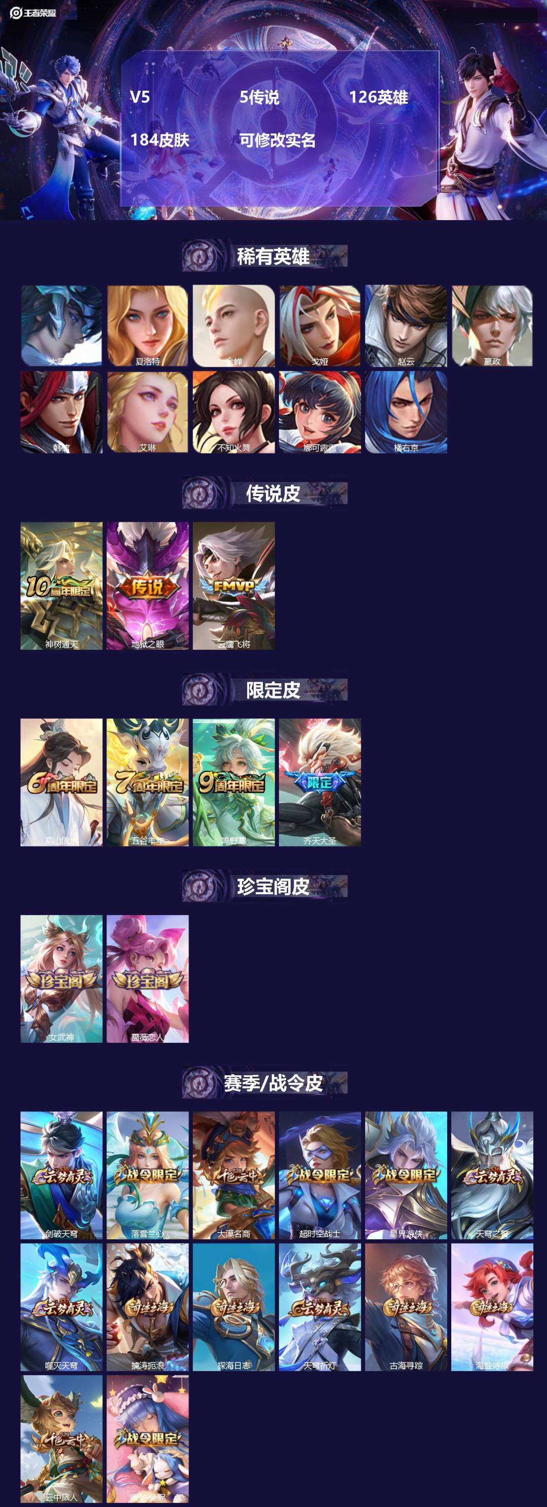 王者荣耀账号安卓QQ126英雄-184皮肤-[]V5 5传说 126英雄 184皮肤 可修改实名 
【稀有英雄】:大司命