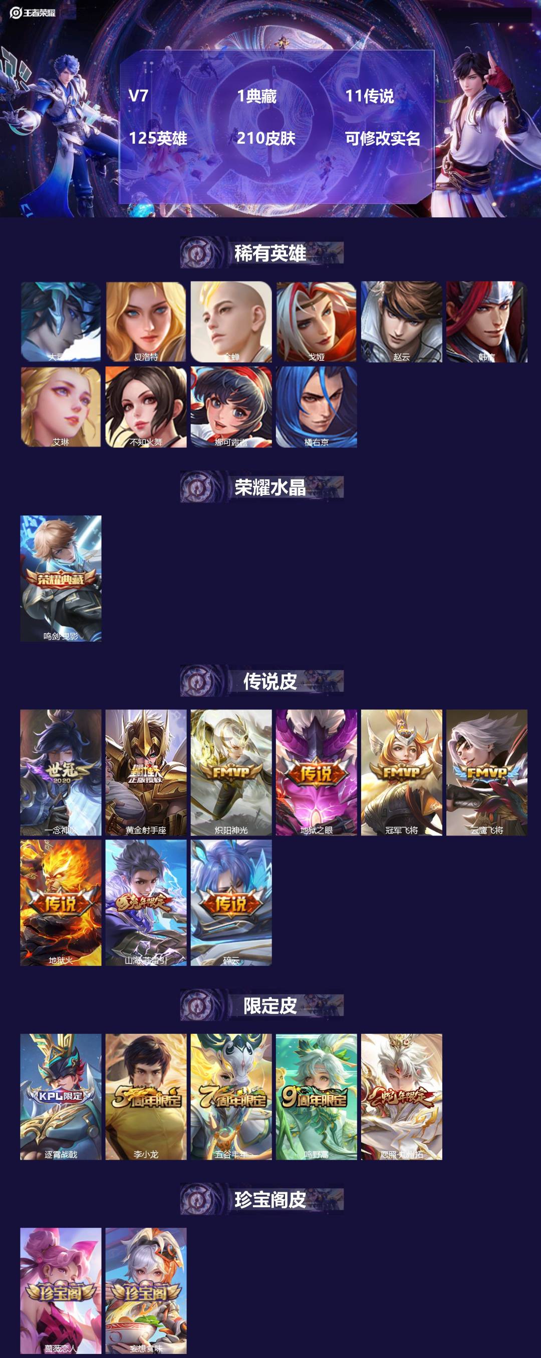 王者荣耀账号安卓QQ125英雄-210皮肤-V7 1典藏 11传说 125英雄 210皮肤 可修改实名 
【英雄全皮】: