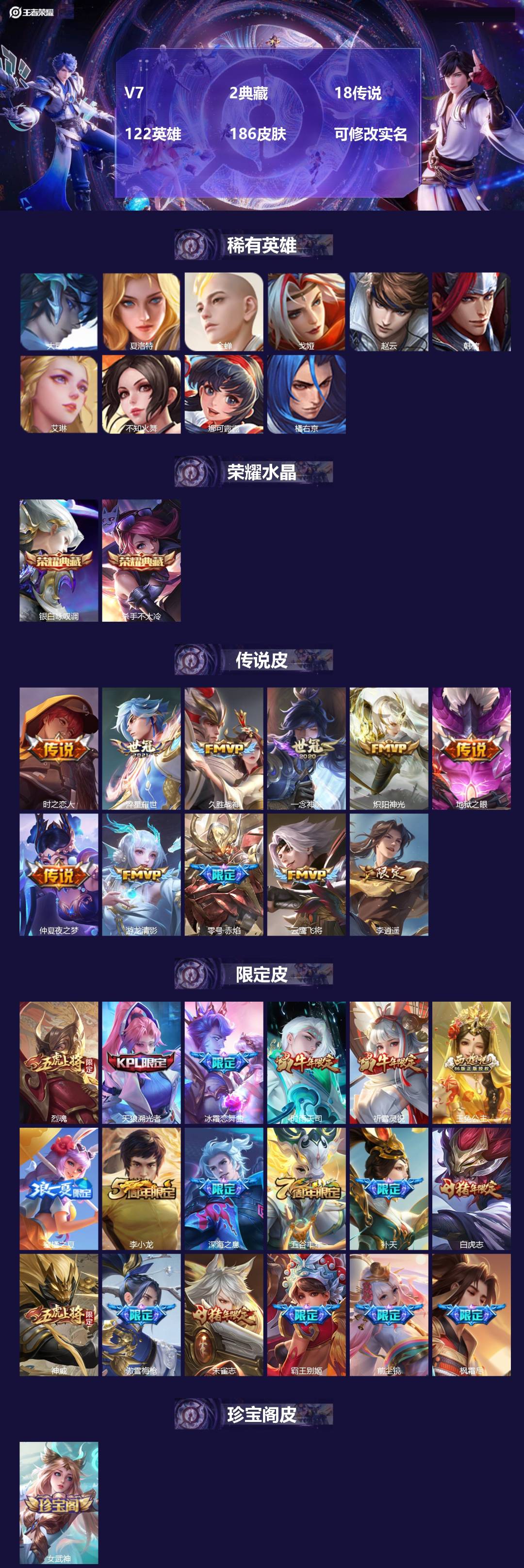 王者荣耀账号安卓QQ122英雄-186皮肤-V7 2典藏 18传说 122英雄 186皮肤 可修改实名 
【英雄全皮】: