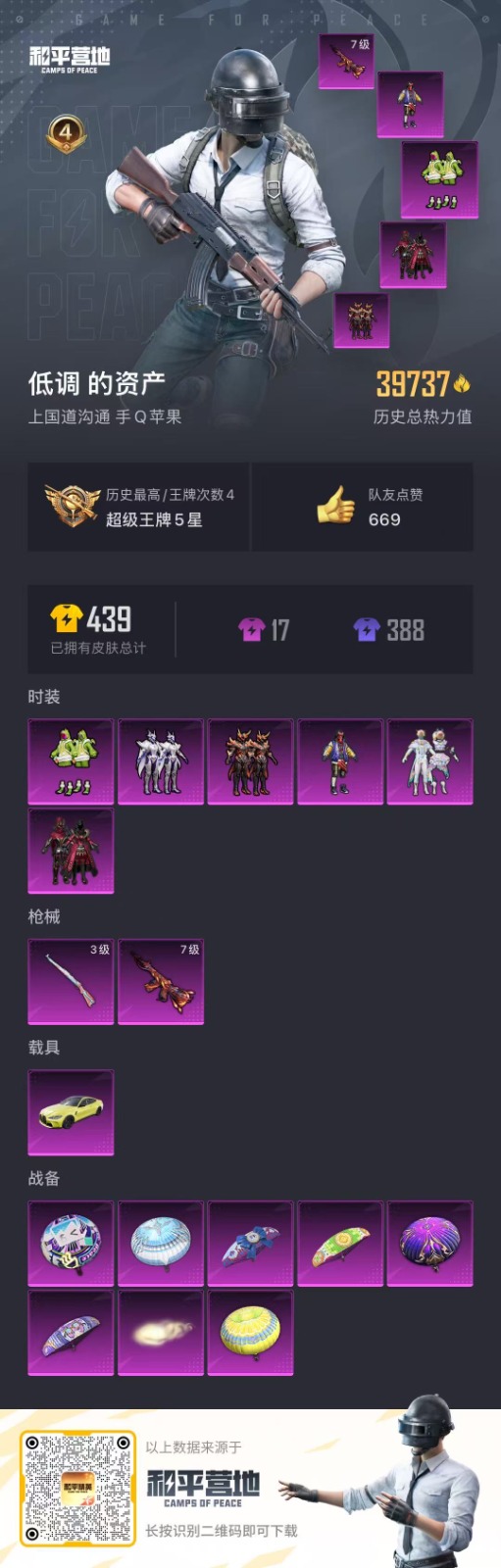 和平精英账号苹果QQ1载具-108套装-105枪皮-6粉装 2特效枪 1载具 4印记 可二次 可修改实名 连体王者 热门